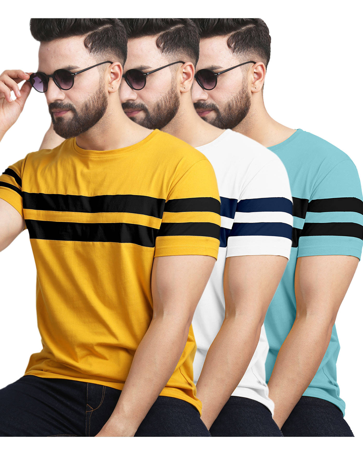     			AOOSH Men Cotton Blend Regular Fit Striped T-Shirt ( White )