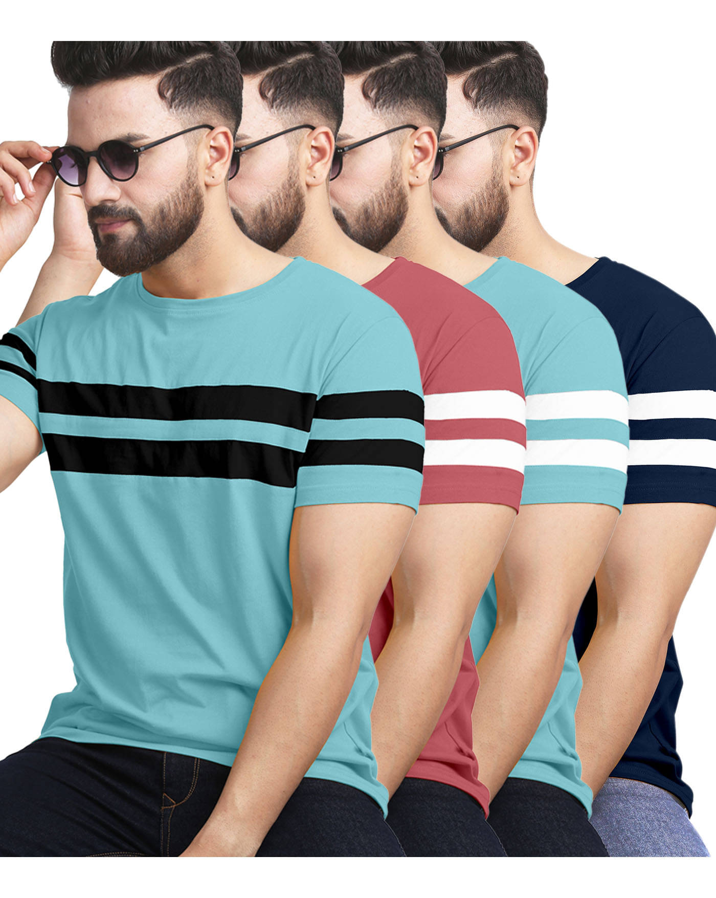 AOOSH Men Cotton Blend Regular Fit Striped T-Shirt ( Navy Blue ) AOOSH Men Cotton Blend Regular Fit Striped T-Shirt ( Navy Blue )