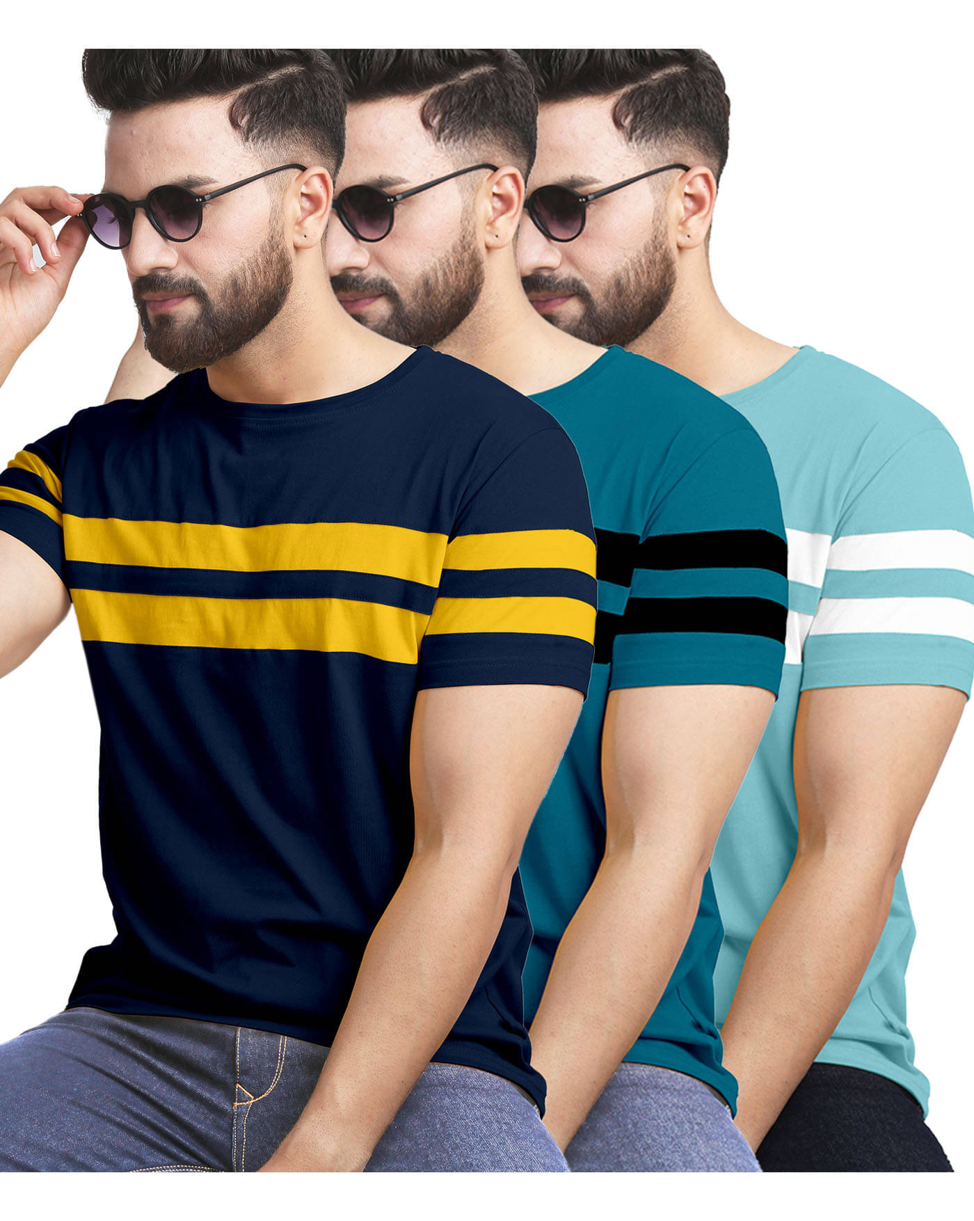     			AOOSH Men Cotton Blend Regular Fit Striped T-Shirt ( Blue )