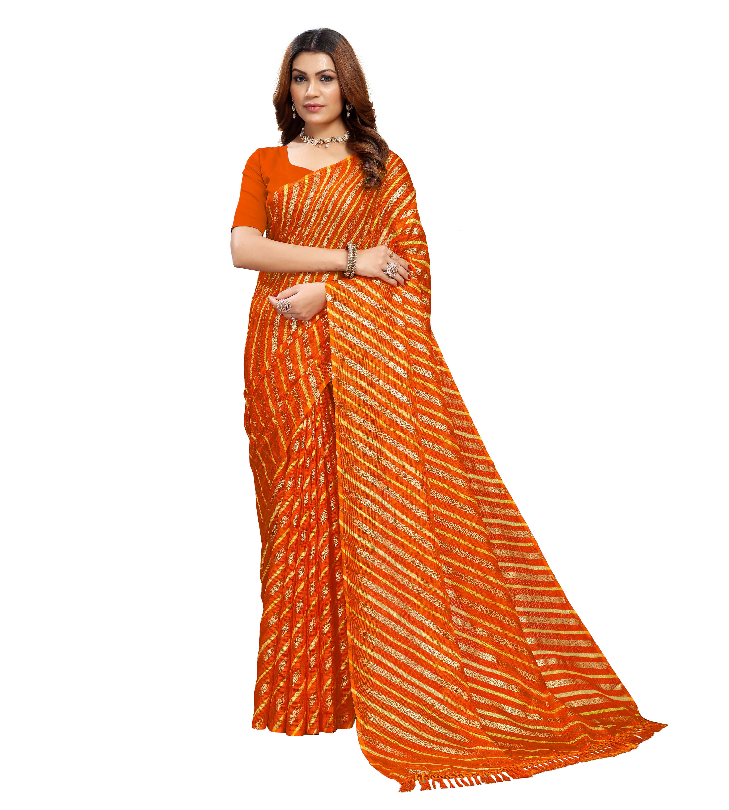     			Maayro Net Embellished Saree With Unstitched Blouse Piece ( Orange )