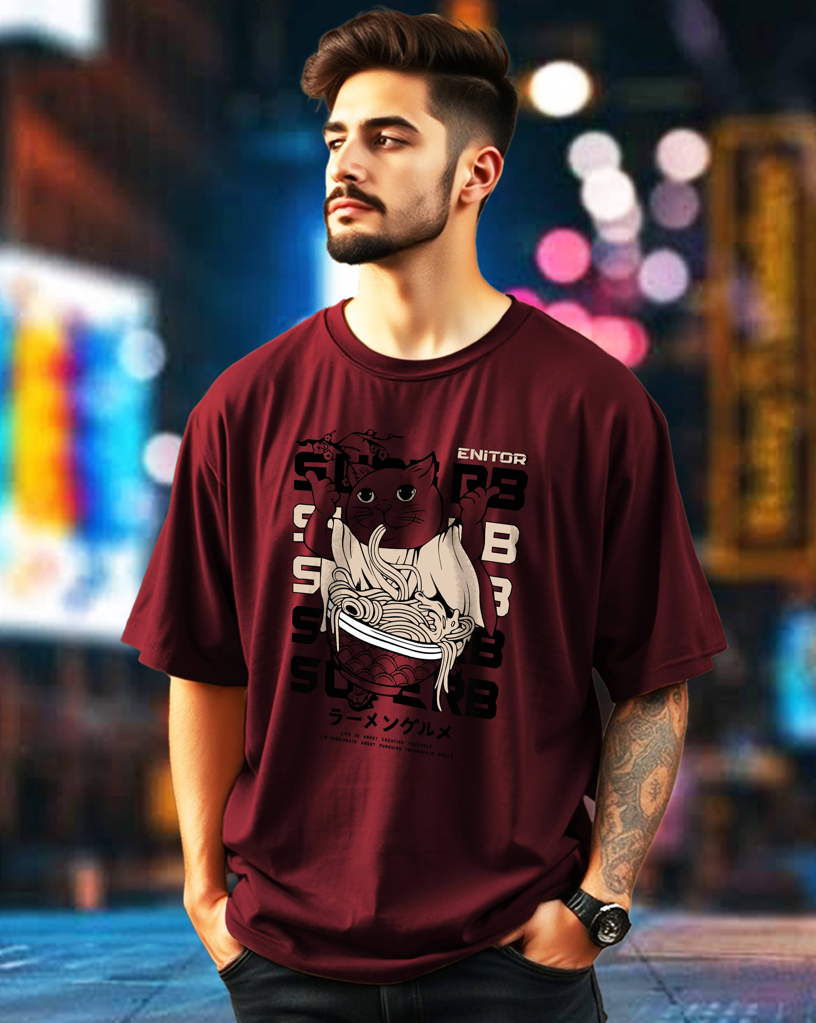 AOOSH Men Cotton Blend Oversized Fit Printed T-Shirt ( Maroon )     			AOOSH Men Cotton Blend Oversized Fit Printed T-Shirt ( Maroon )