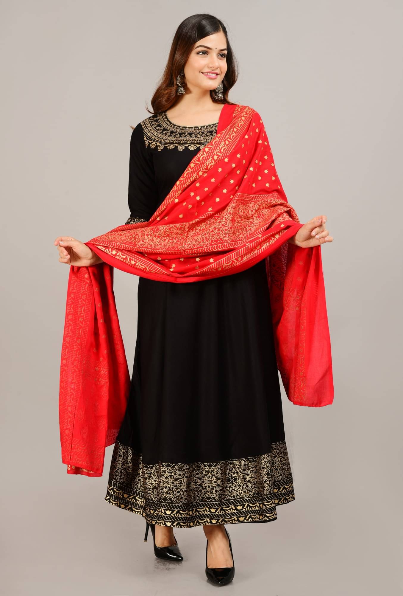 Dimonsher Women's Cotton Blend Printed Anarkali Kurti with Dupatta - ( Black ) Dimonsher Women's Cotton Blend Printed Anarkali Kurti with Dupatta - ( Black )