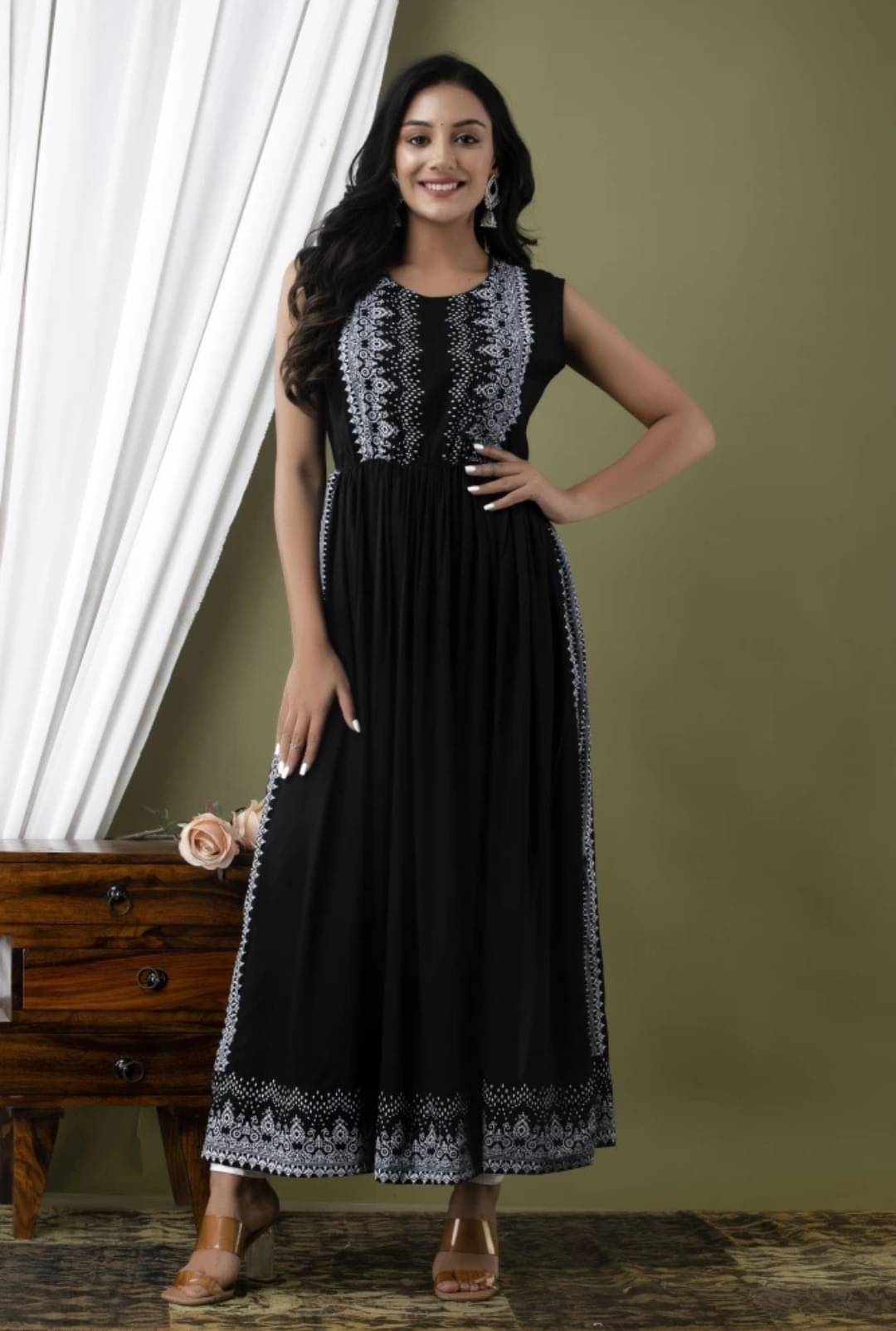 Dimonsher Women's Cotton Blend Printed Flared Kurti - ( Black ) Dimonsher Women's Cotton Blend Printed Flared Kurti - ( Black )