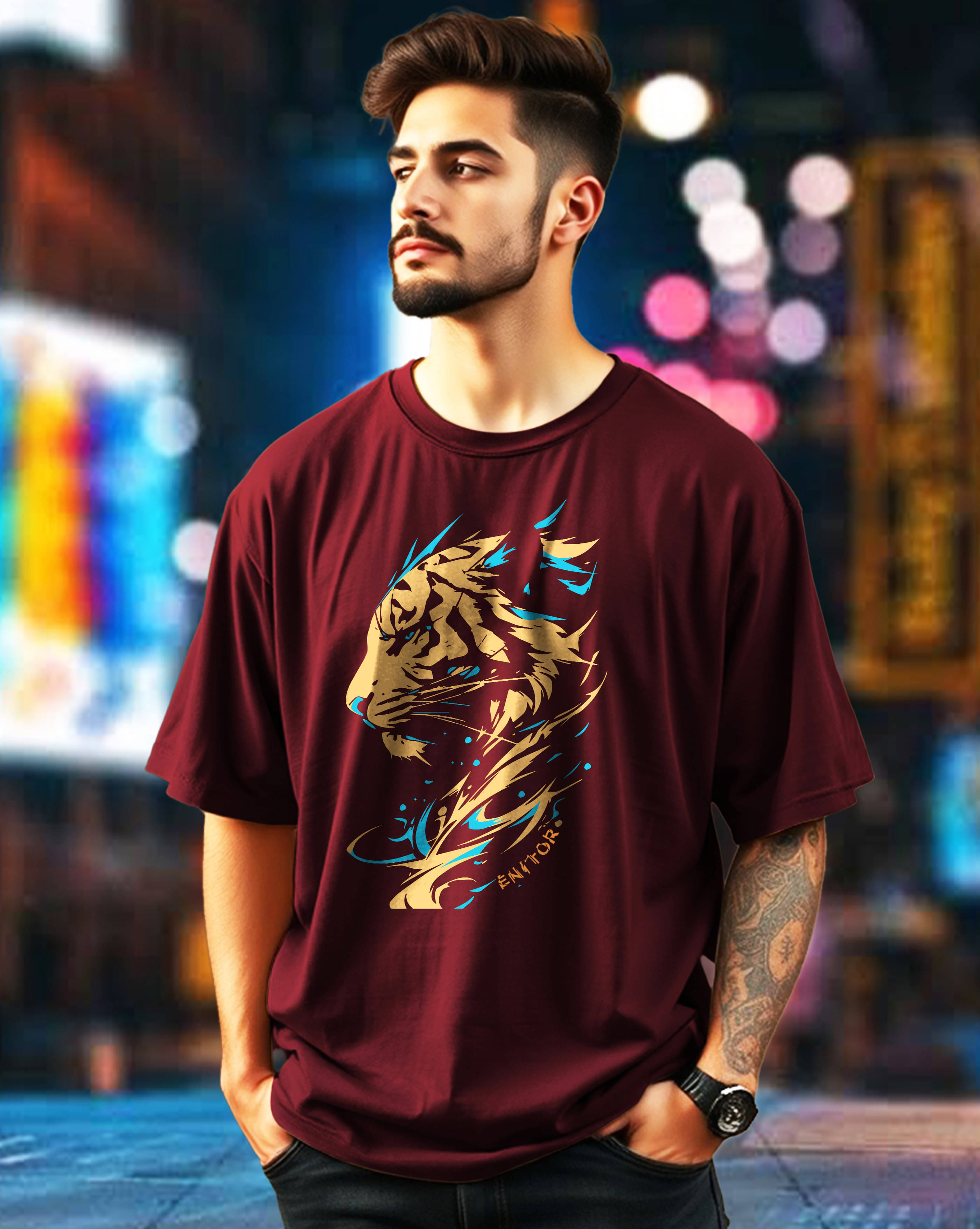 ENITOR Men Cotton Blend Oversized Fit Printed T-Shirt ( Maroon ) ENITOR Men Cotton Blend Oversized Fit Printed T-Shirt ( Maroon )
