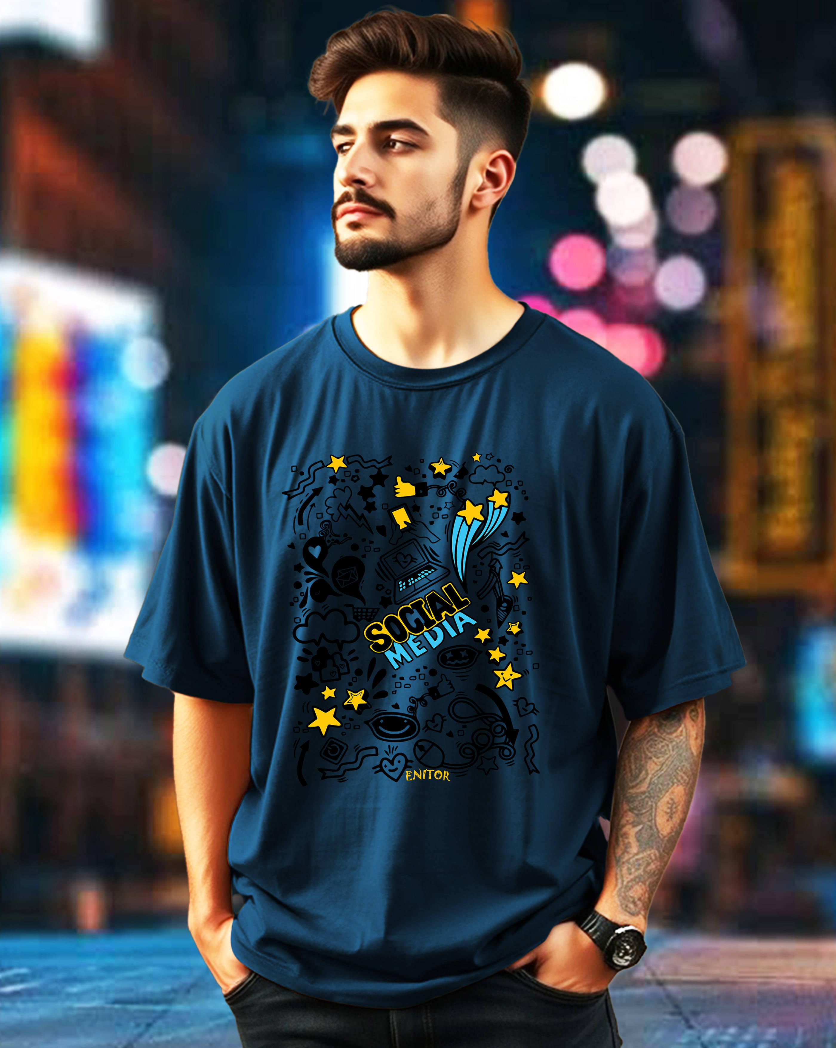     			ENITOR Men Cotton Blend Oversized Fit Printed T-Shirt ( Teal )