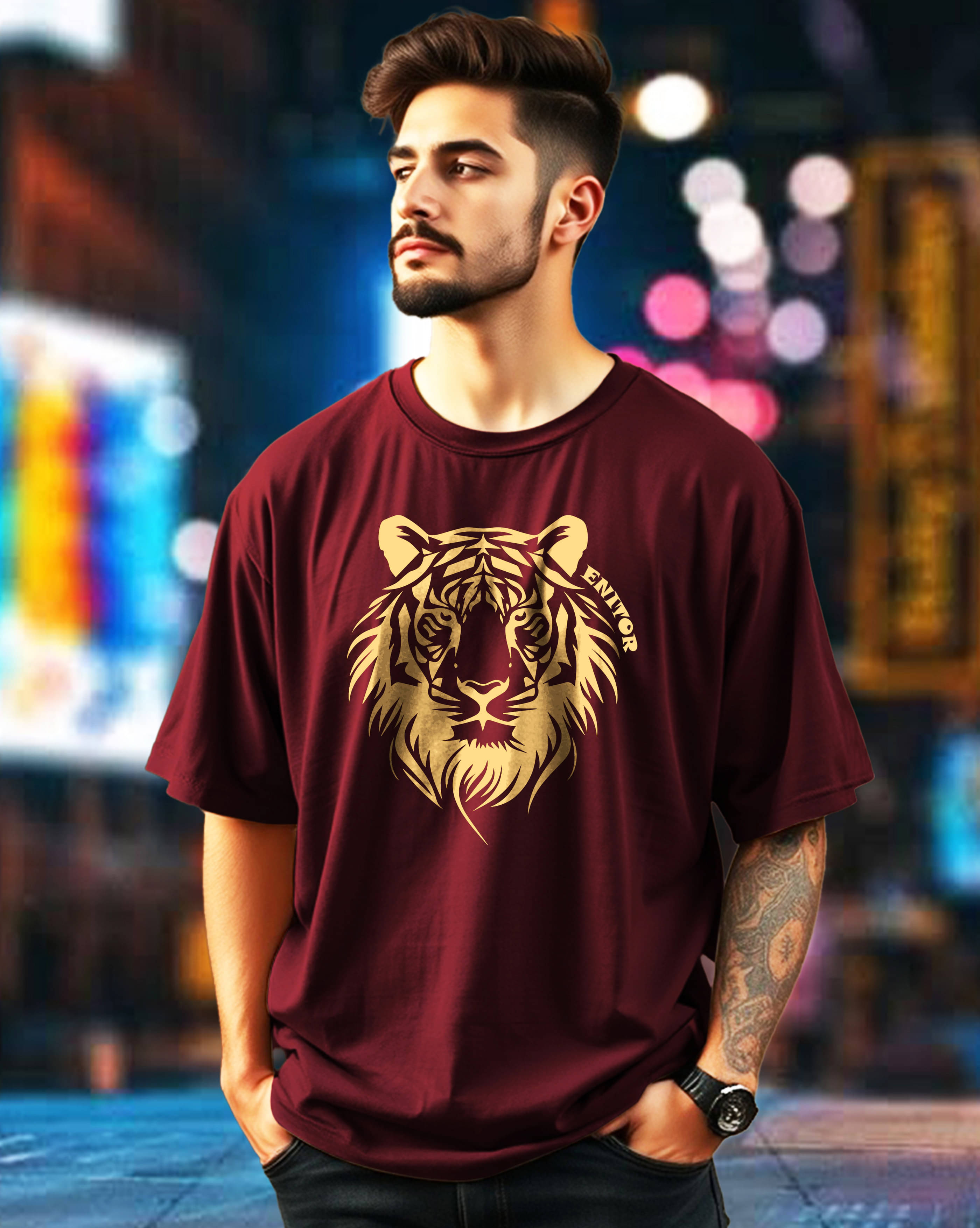     			ENITOR Men Cotton Blend Oversized Fit Printed T-Shirt ( Maroon )