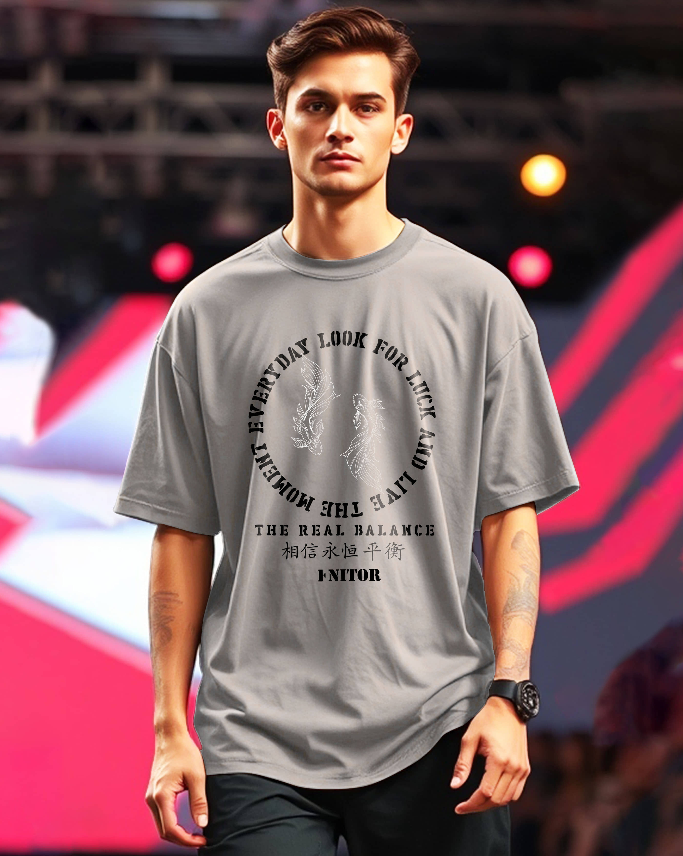 ENITOR Men Cotton Blend Oversized Fit Printed T-Shirt ( Grey )
