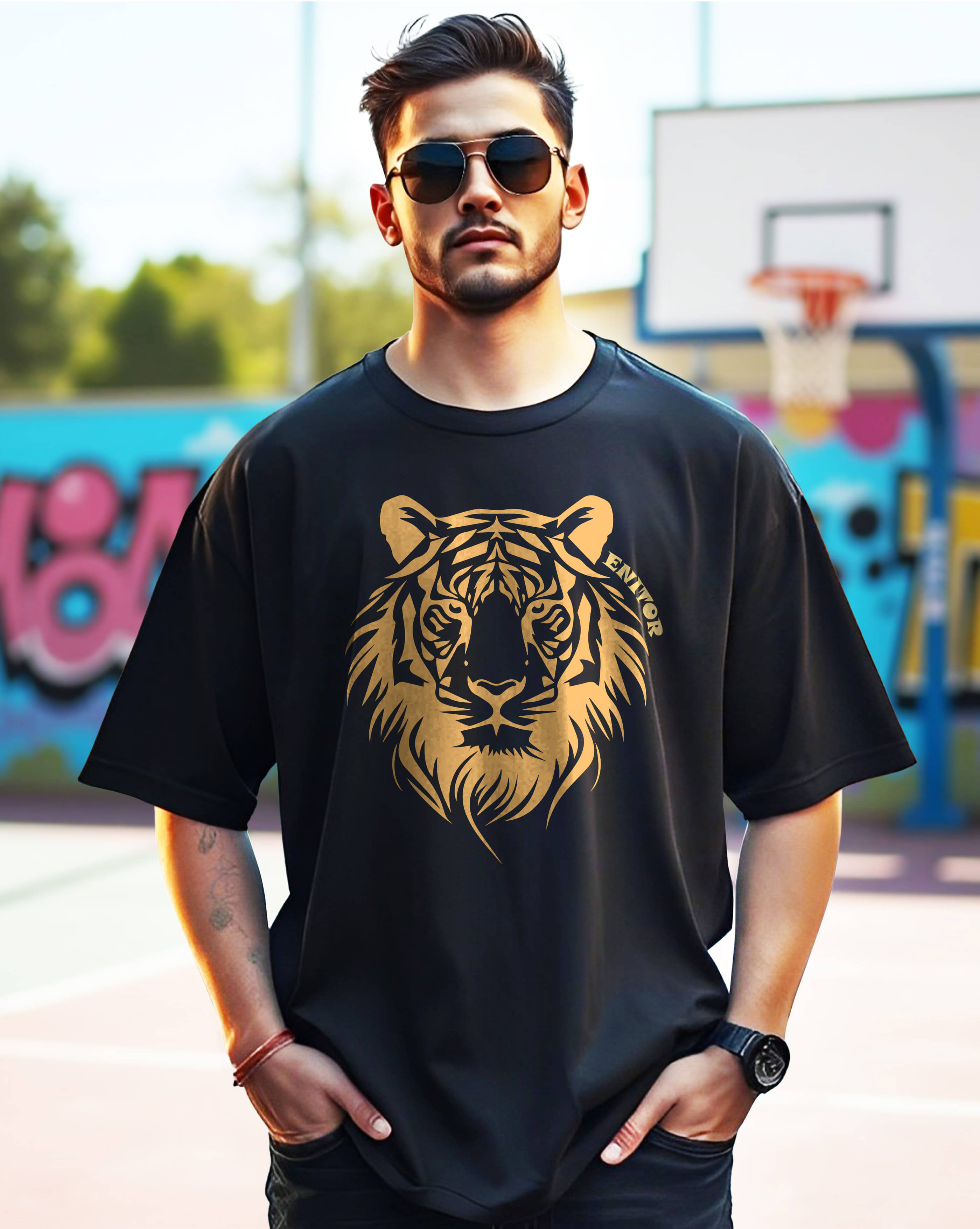    			ENITOR Men Cotton Blend Oversized Fit Printed T-Shirt ( Black )