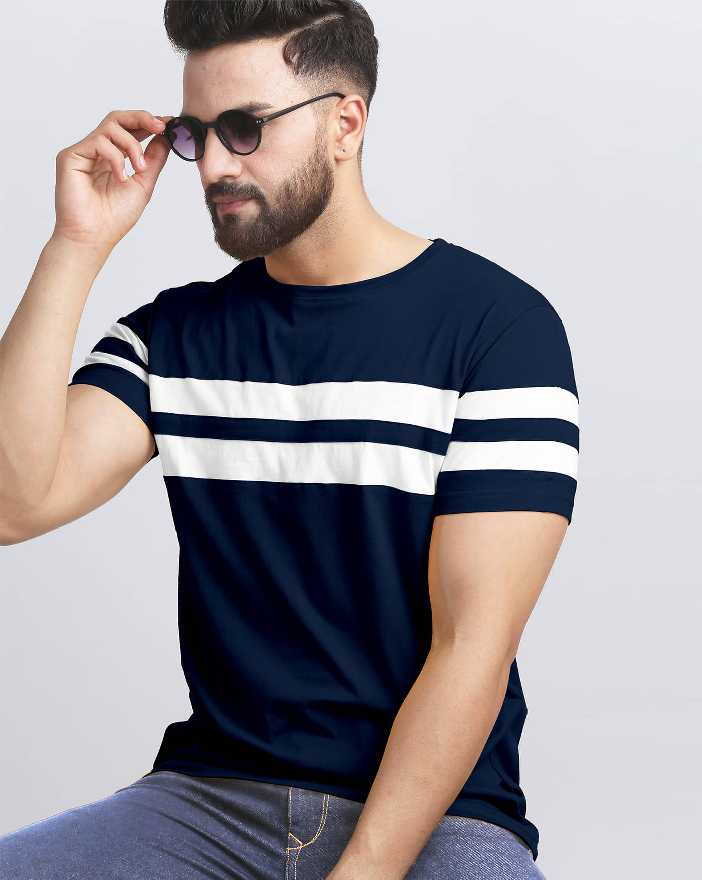     			ENITOR Men Cotton Blend Regular Fit Striped T-Shirt ( Navy Blue )