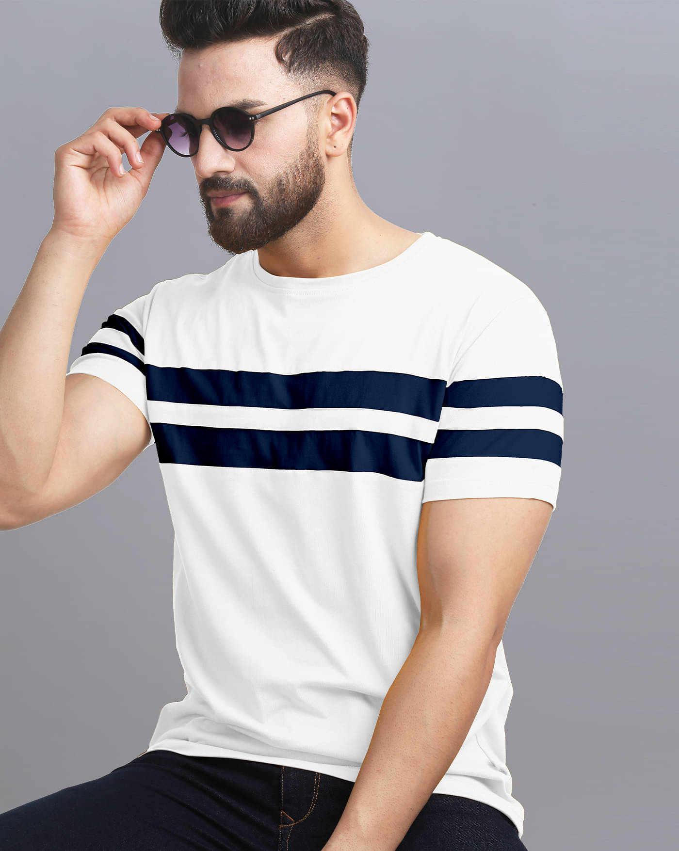     			ENITOR Men Cotton Blend Regular Fit Striped T-Shirt ( White )