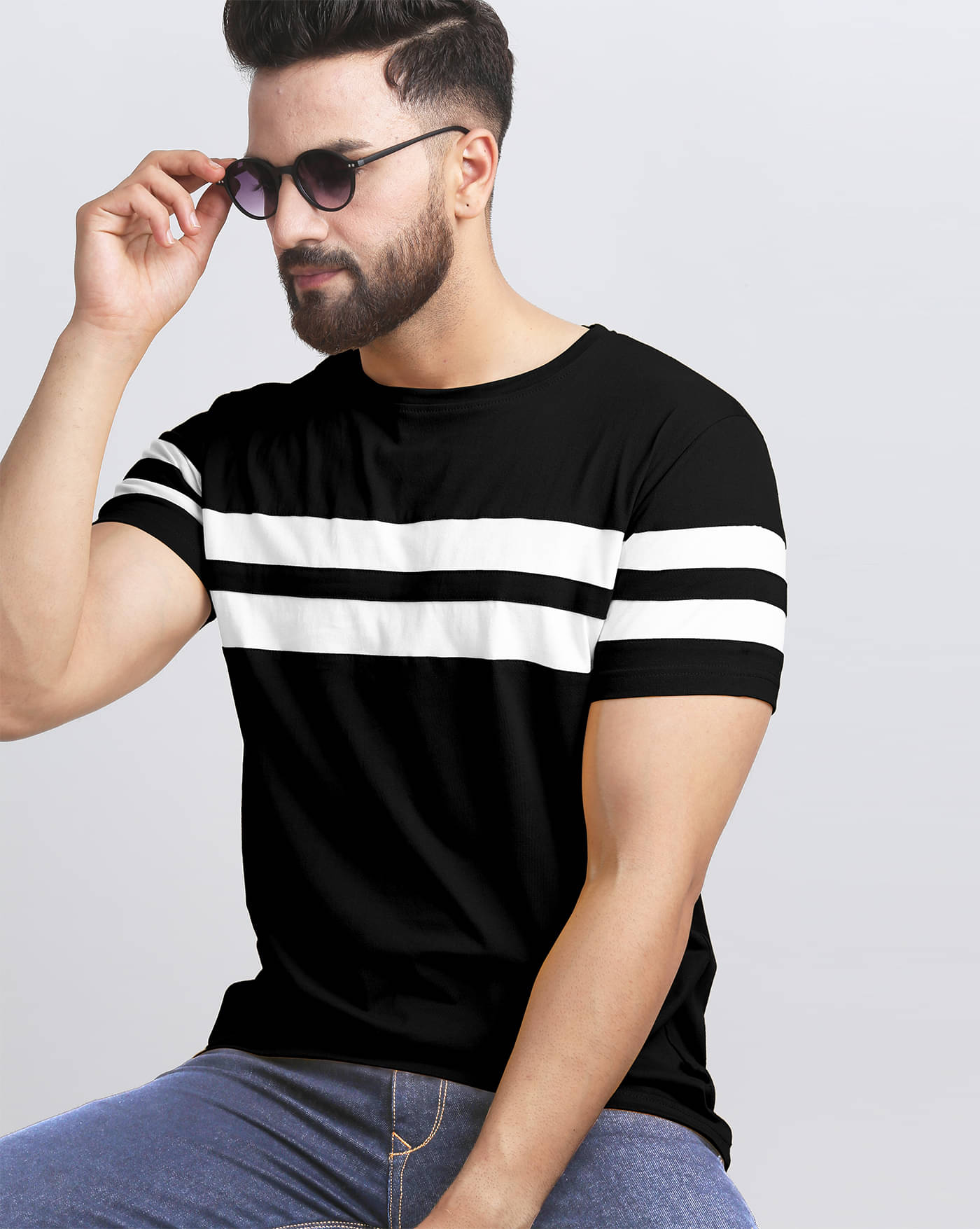 ENITOR Men Cotton Blend Regular Fit Striped T-Shirt ( Black ) ENITOR Men Cotton Blend Regular Fit Striped T-Shirt ( Black )