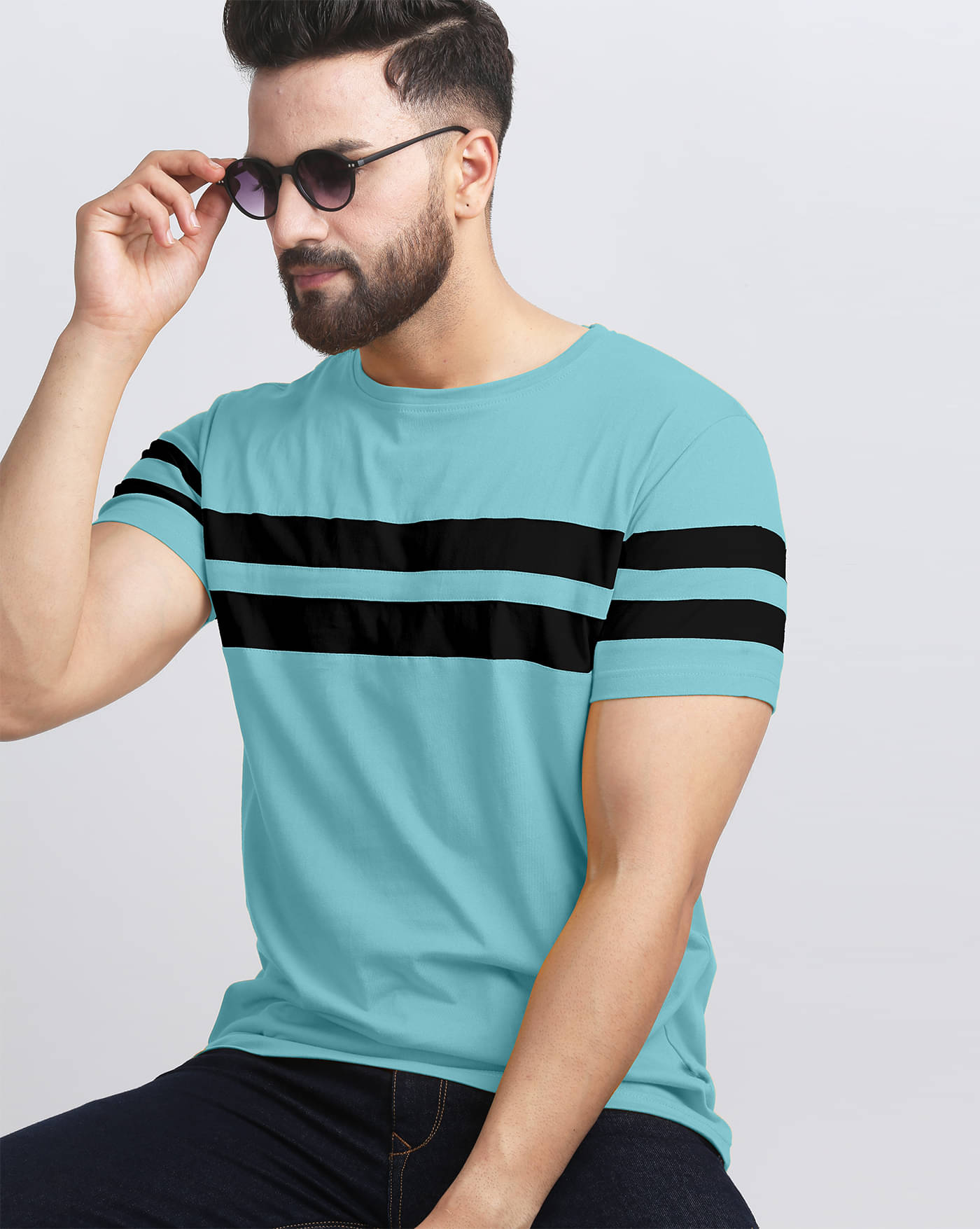     			ENITOR Men Cotton Blend Regular Fit Striped T-Shirt ( Aqua Blue )