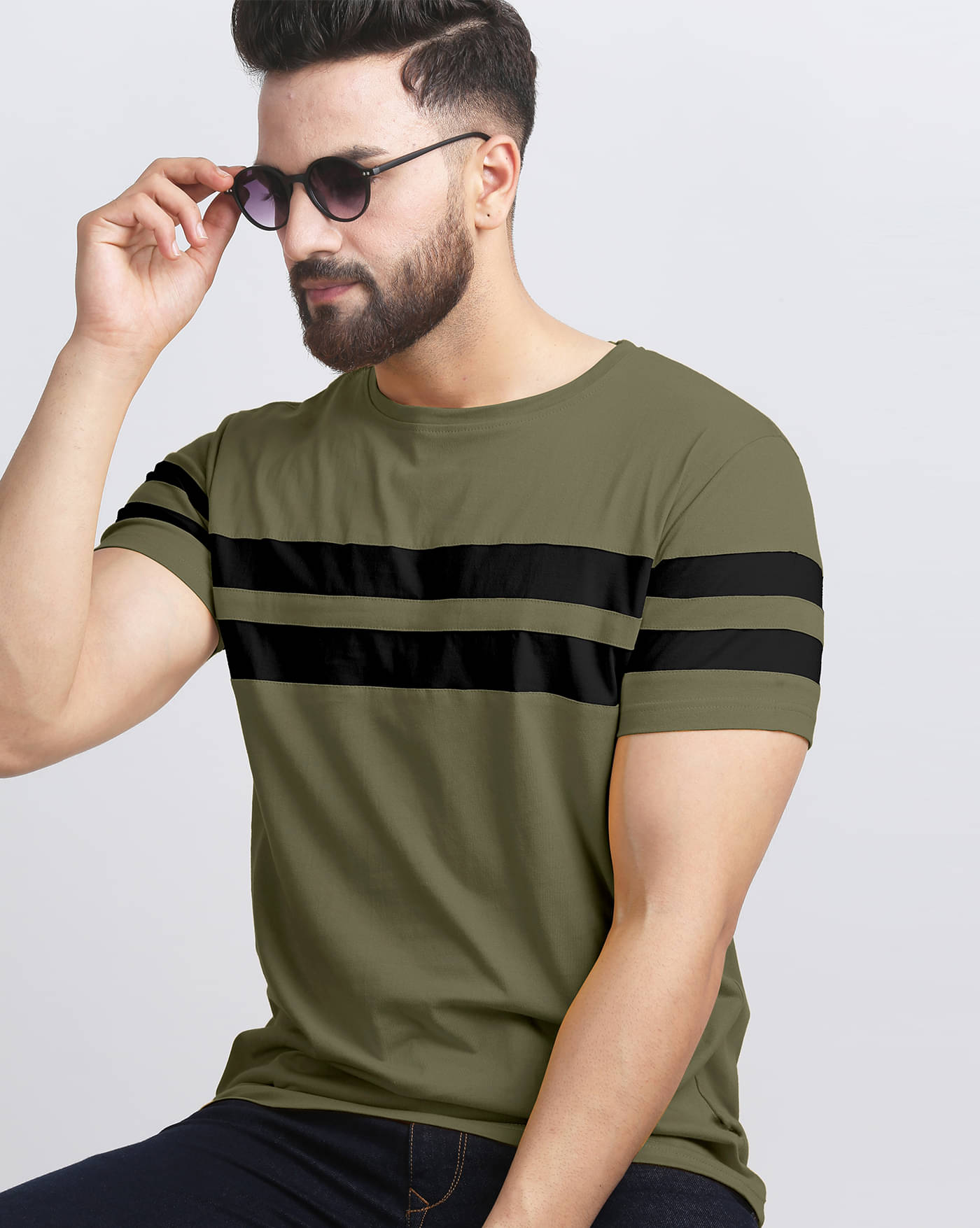     			ENITOR Men Cotton Blend Regular Fit Striped T-Shirt ( Olive )