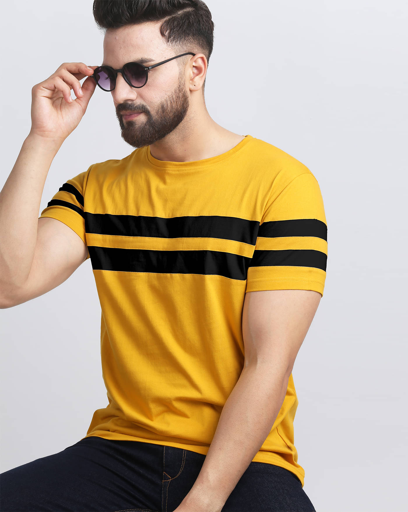 ENITOR Men Cotton Blend Regular Fit Striped T-Shirt ( Mustard ) ENITOR Men Cotton Blend Regular Fit Striped T-Shirt ( Mustard )