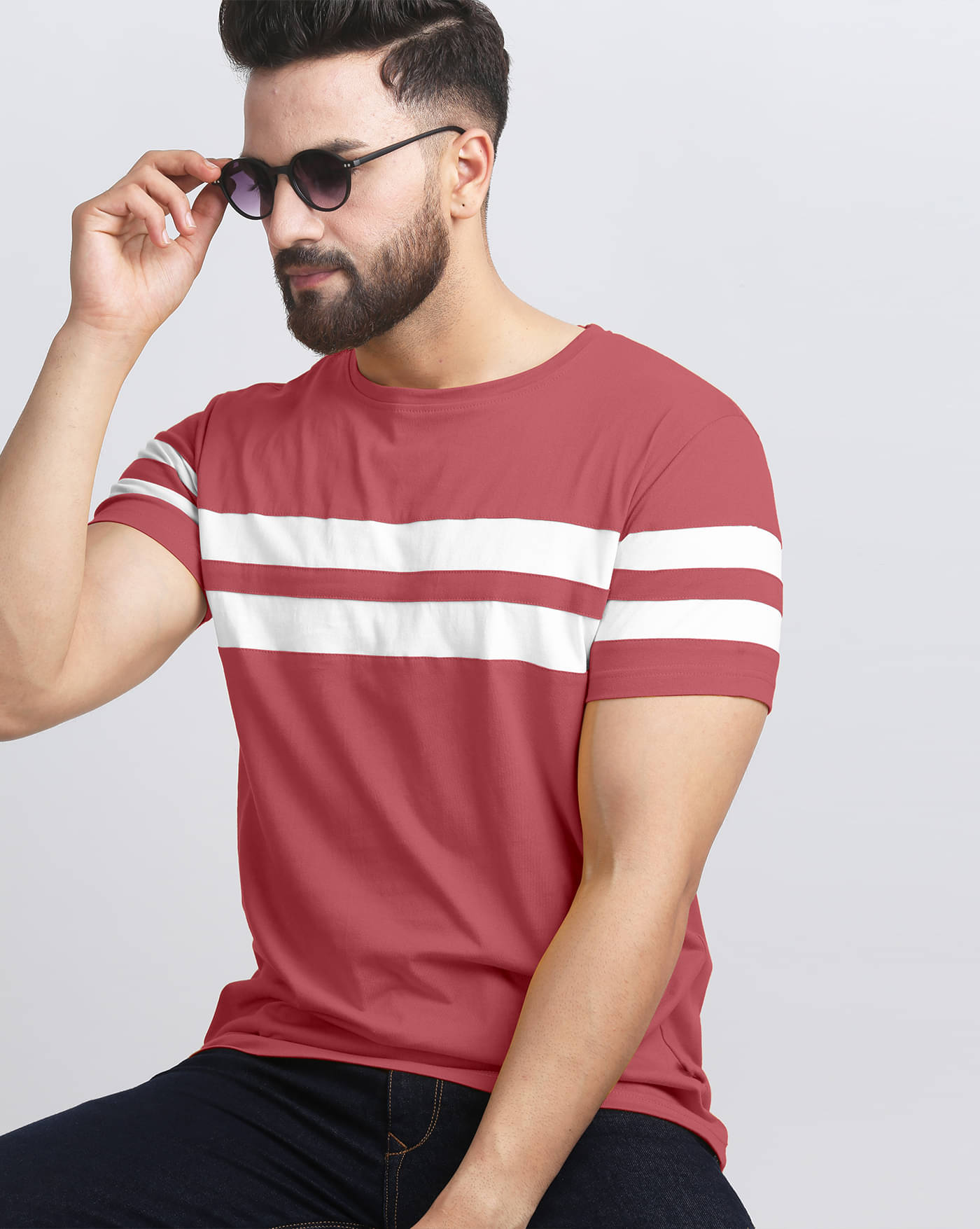 ENITOR Men Cotton Blend Regular Fit Striped T-Shirt ( Peach ) ENITOR Men Cotton Blend Regular Fit Striped T-Shirt ( Peach )