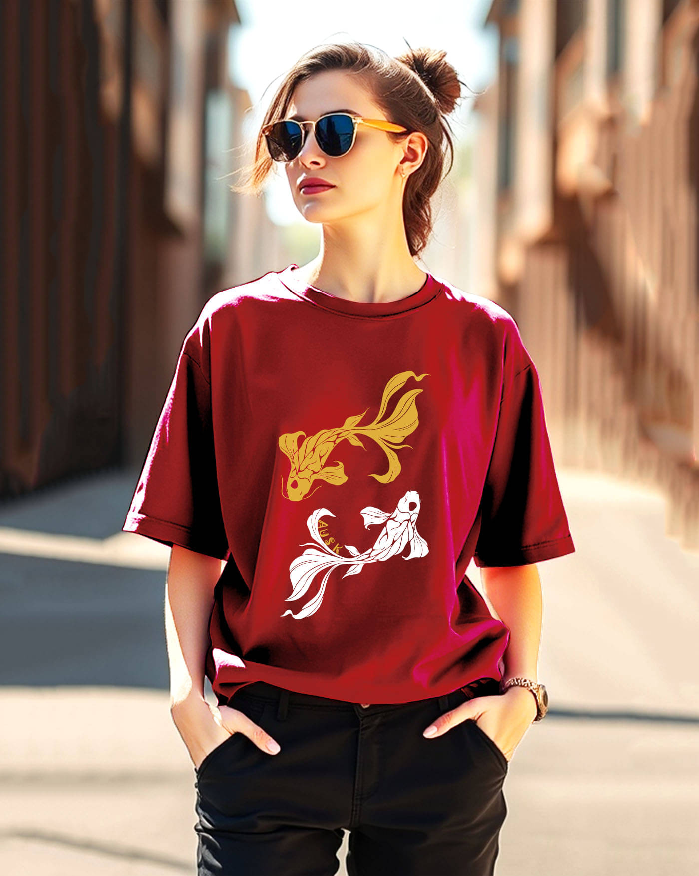 ENITOR Women Cotton Blend Printed Oversized Round Neck T-Shirt ( Maroon ) ENITOR Women Cotton Blend Printed Oversized Round Neck T-Shirt ( Maroon )