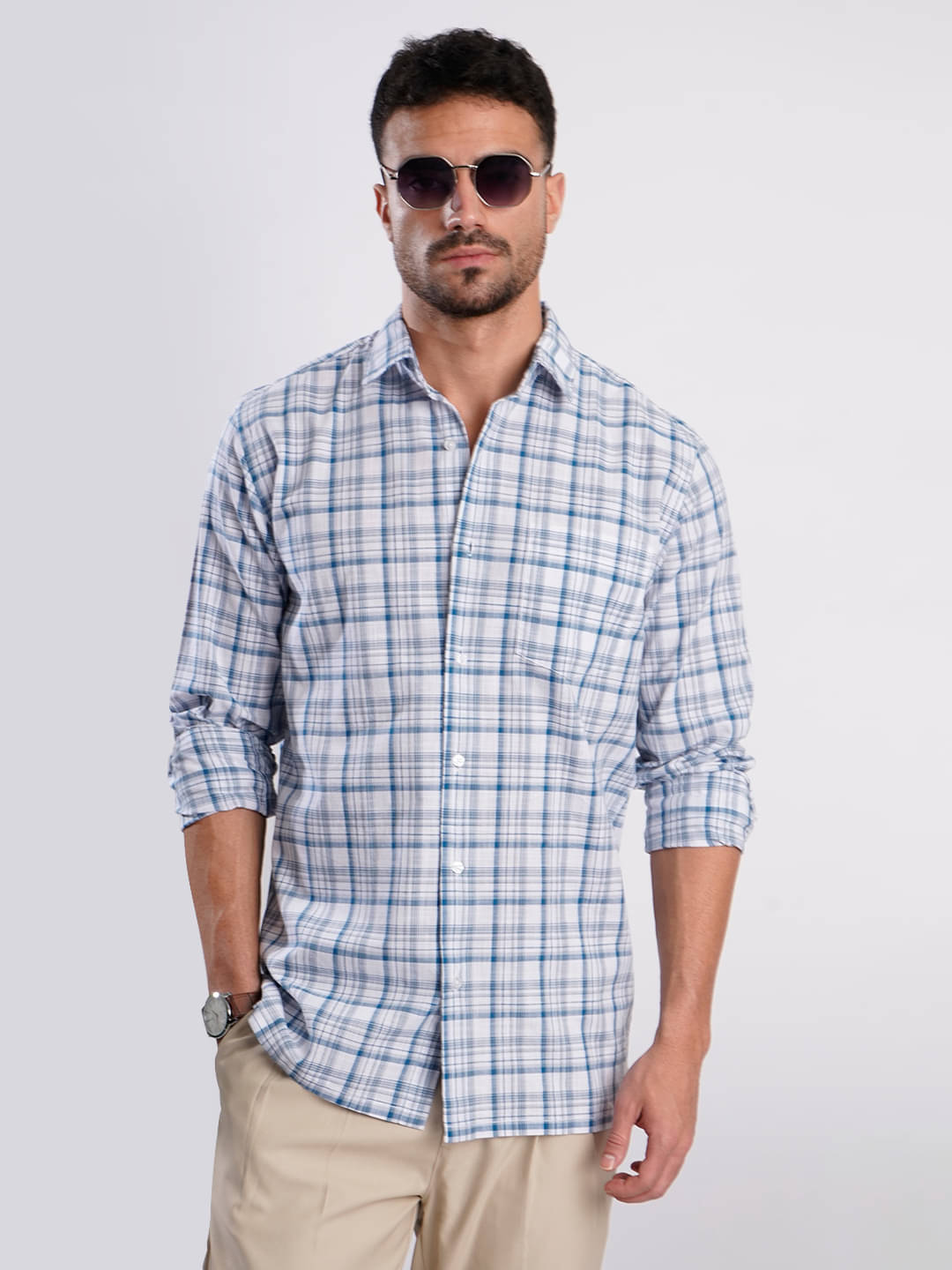 IVOC 100% Cotton Regular Fit Checks Full Sleeves Men's Casual Shirt - Blue ( Pack of 1 )     			IVOC 100% Cotton Regular Fit Checks Full Sleeves Men's Casual Shirt - Blue ( Pack of 1 )