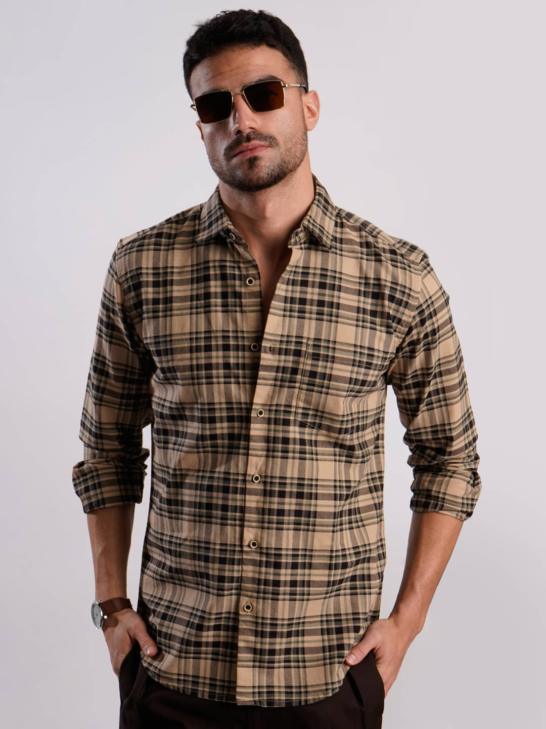     			IVOC 100% Cotton Slim Fit Checks Full Sleeves Men's Casual Shirt - Beige ( Pack of 1 )