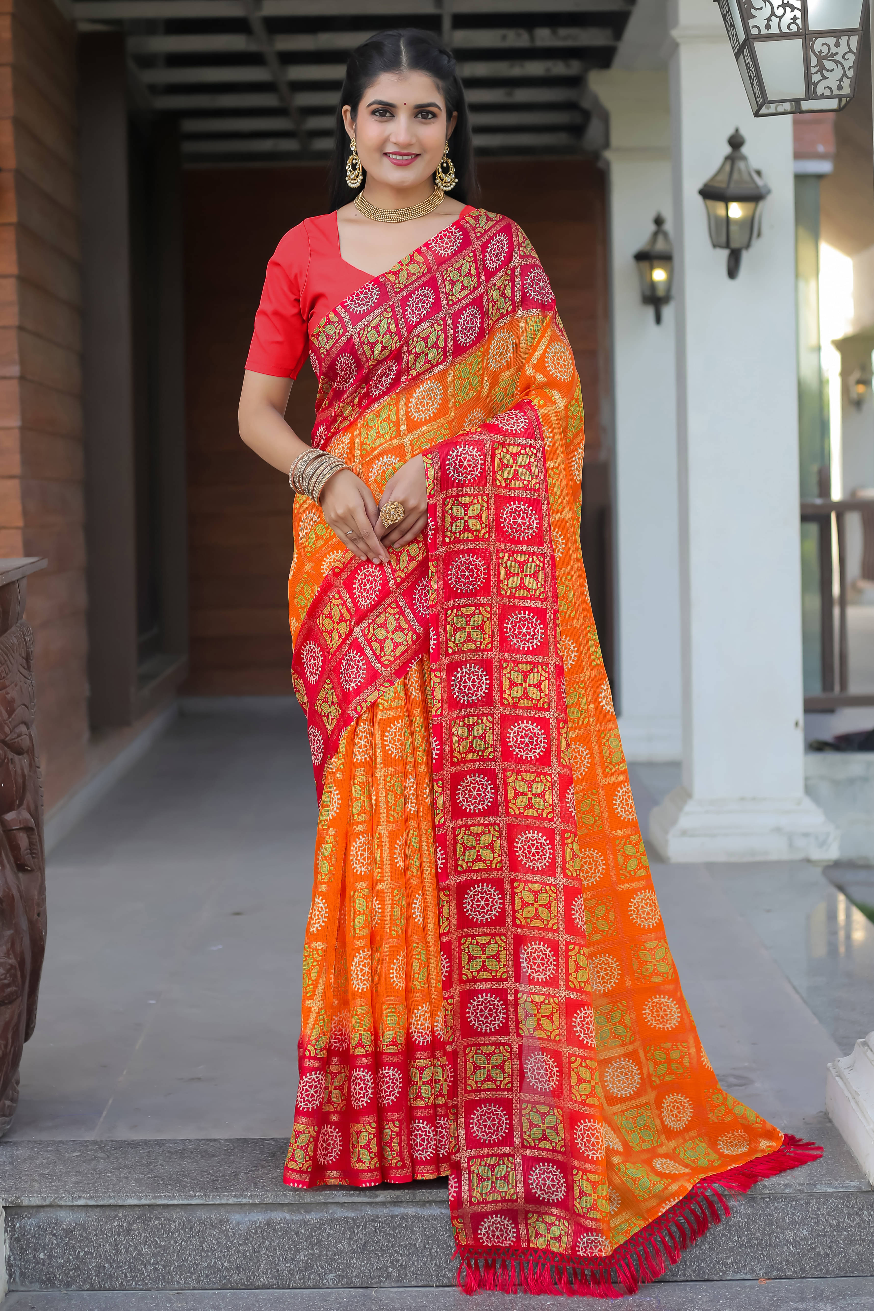 Maayro Net Printed Saree With Unstitched Blouse Piece ( Orange ) Maayro Net Printed Saree With Unstitched Blouse Piece ( Orange )