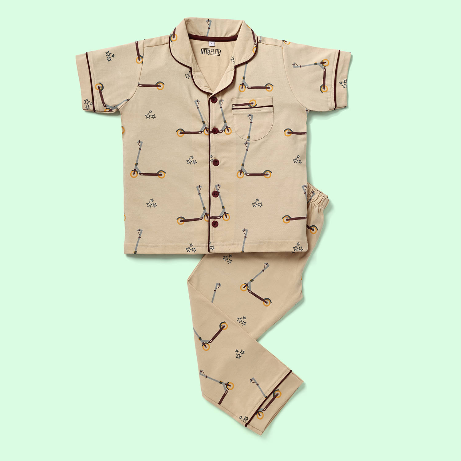 Nite Flite Pack of 1 Boys 100% Cotton Nightsuit Set ( Beige )     			Nite Flite Pack of 1 Boys 100% Cotton Nightsuit Set ( Beige )