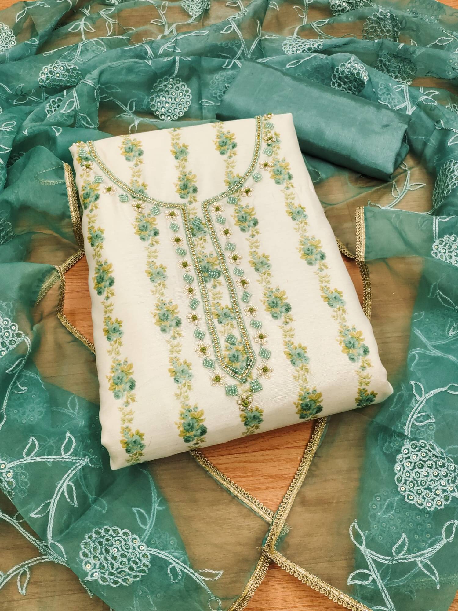 Rangtulika Ethnics Women Chanderi Unstitched Dress Material ( Teal )     			Rangtulika Ethnics Women Chanderi Unstitched Dress Material ( Teal )