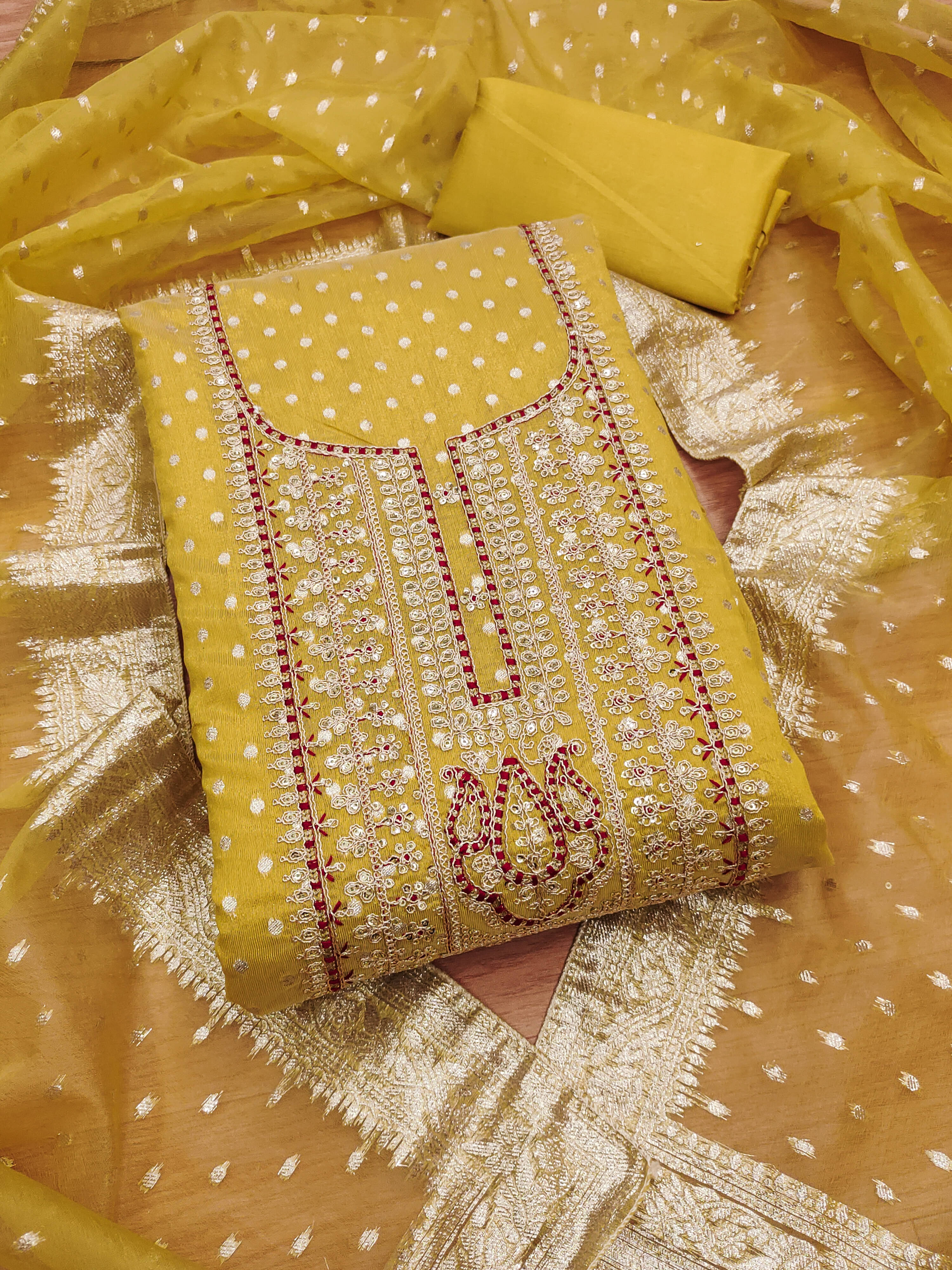     			Rangtulika Ethnics Women Chanderi Unstitched Dress Material ( Yellow )
