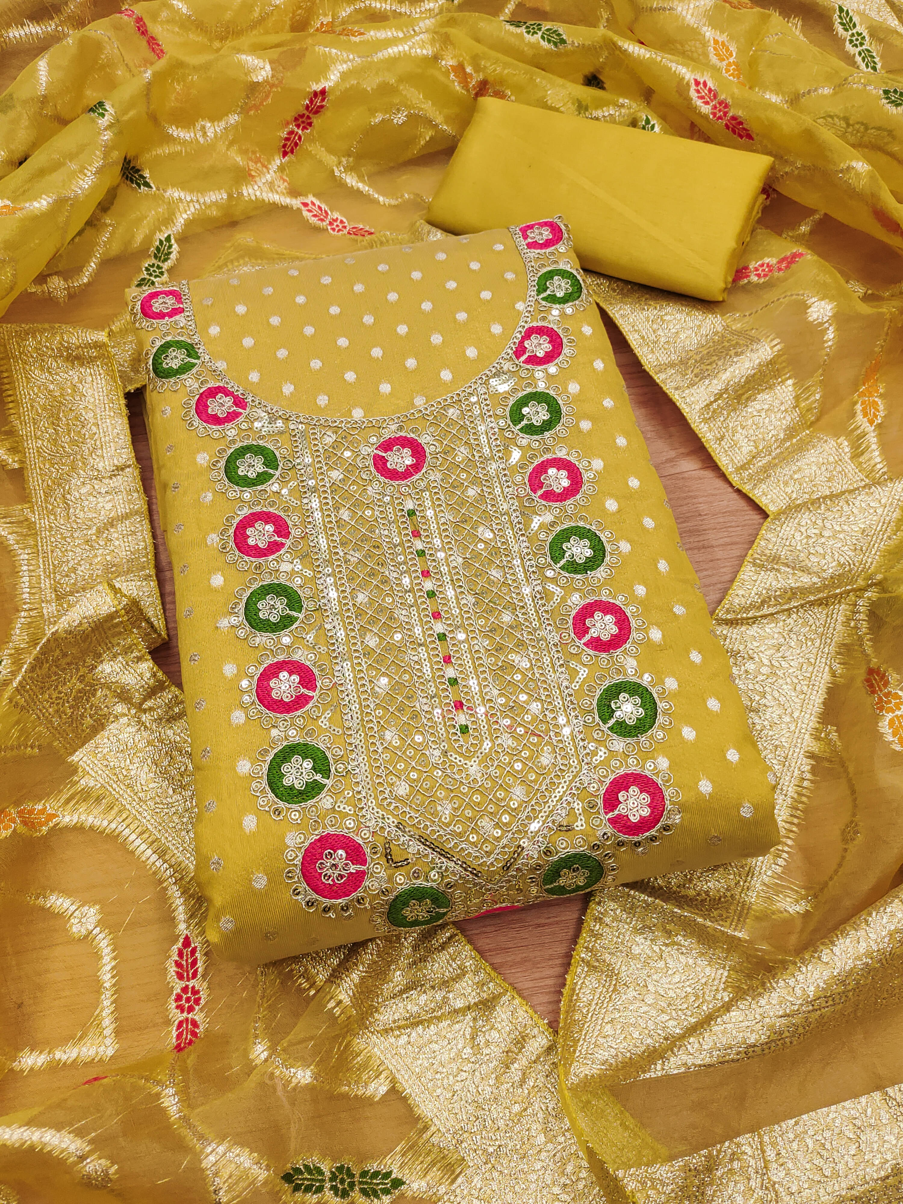 Rangtulika Ethnics Women Chanderi Unstitched Dress Material ( Yellow )     			Rangtulika Ethnics Women Chanderi Unstitched Dress Material ( Yellow )