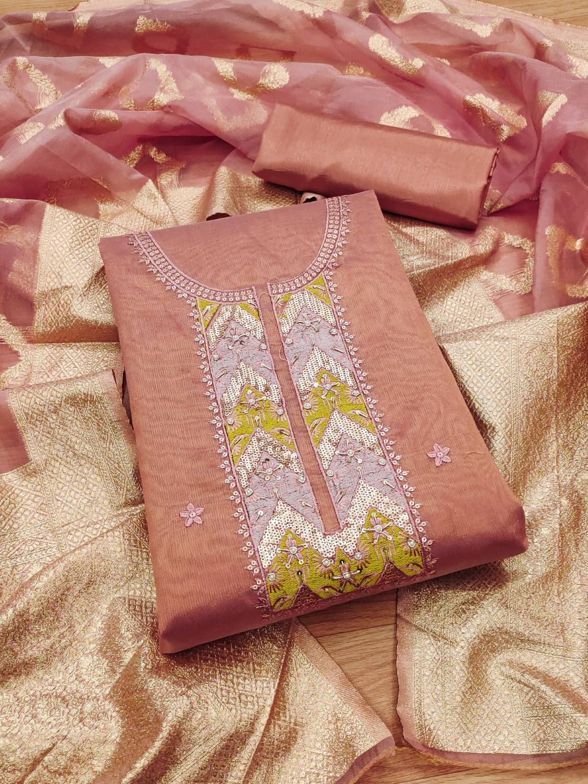 Rangtulika Ethnics Women Chanderi Unstitched Dress Material ( Peach )     			Rangtulika Ethnics Women Chanderi Unstitched Dress Material ( Peach )