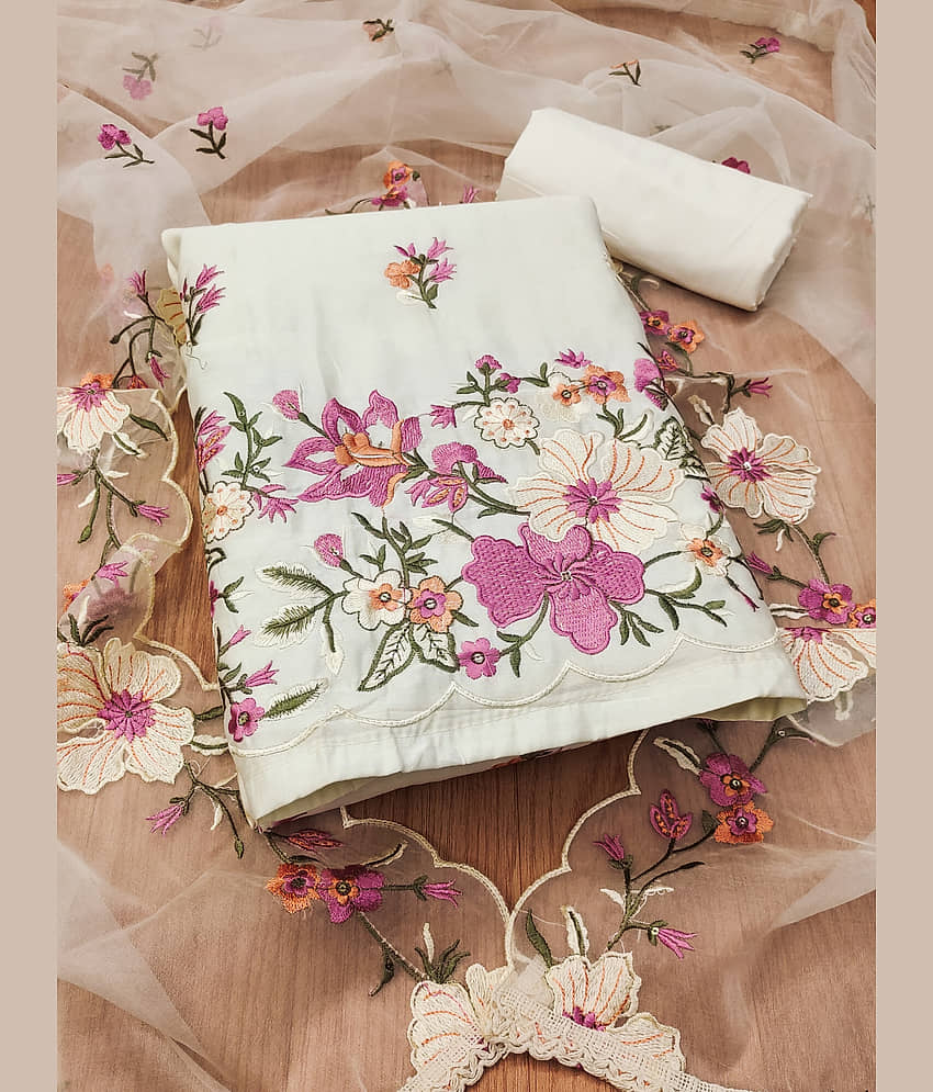 Rangtulika Ethnics Women Chanderi Unstitched Dress Material ( White ) - Unstitched Fabrics | Buy online on ZillyBuy