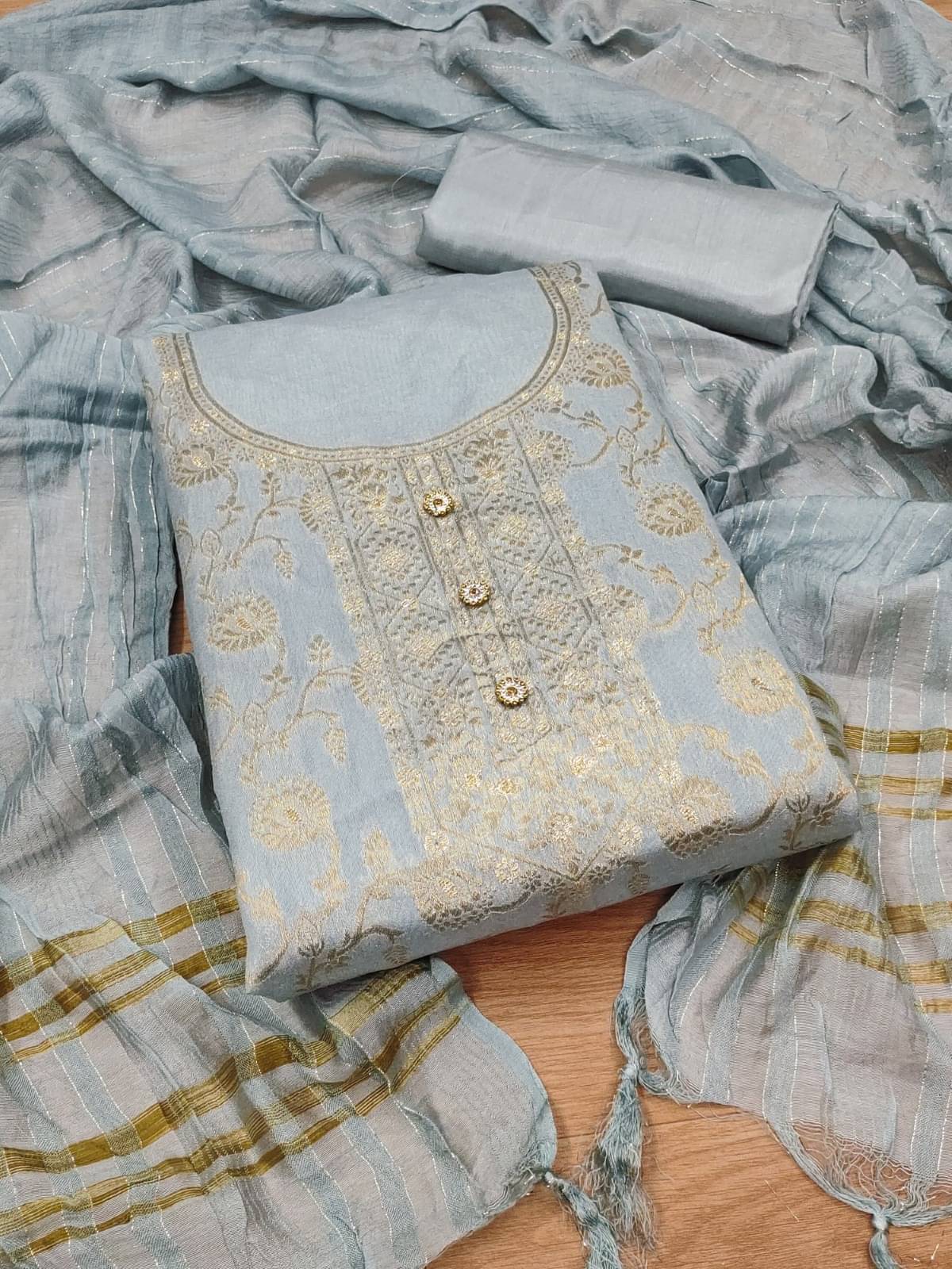 Rangtulika Ethnics Women Chanderi Unstitched Dress Material ( Grey )     			Rangtulika Ethnics Women Chanderi Unstitched Dress Material ( Grey )