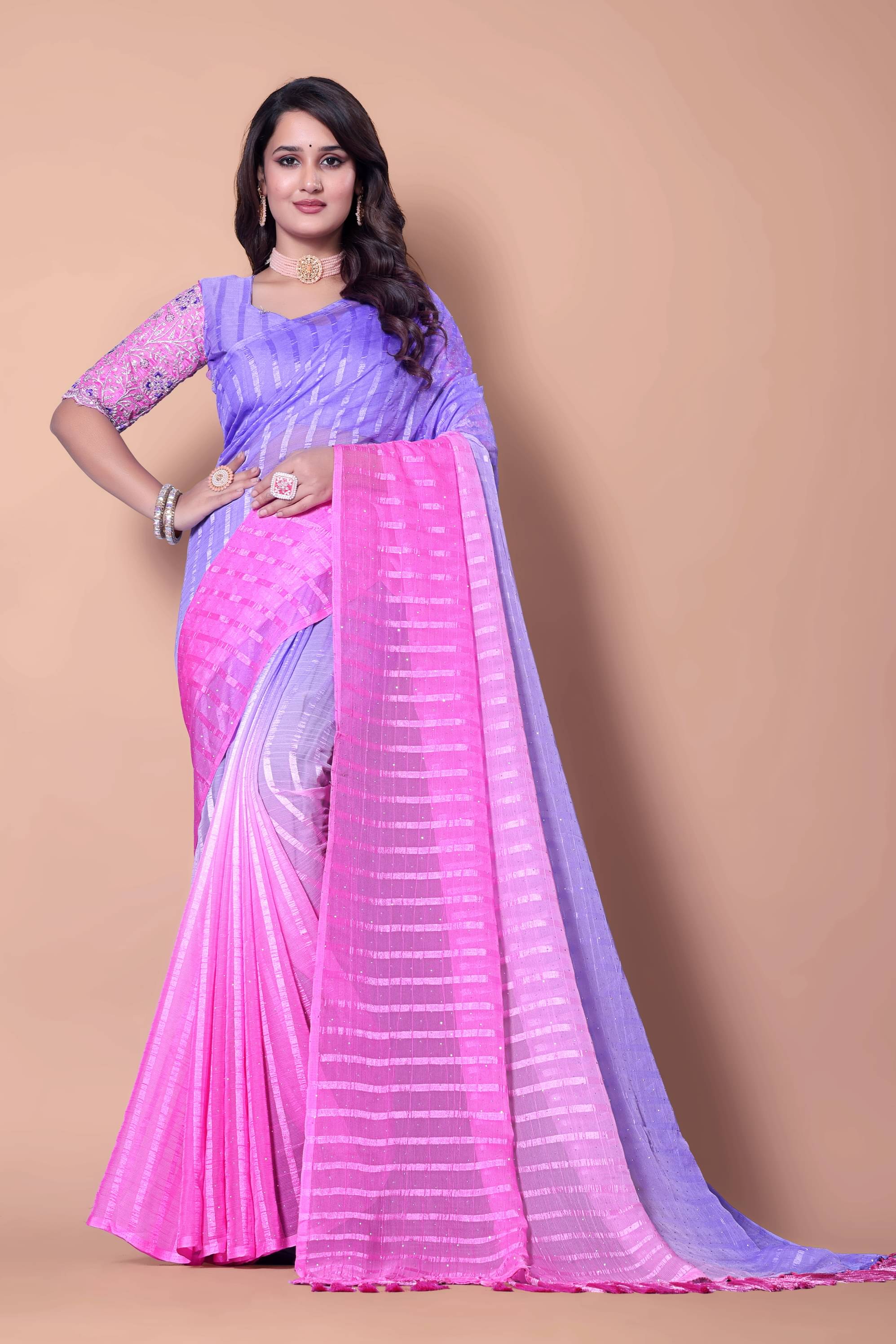 AB Silk Georgette Striped Saree With Unstitched Blouse Piece ( Lavender ) AB Silk Georgette Striped Saree With Unstitched Blouse Piece ( Lavender )