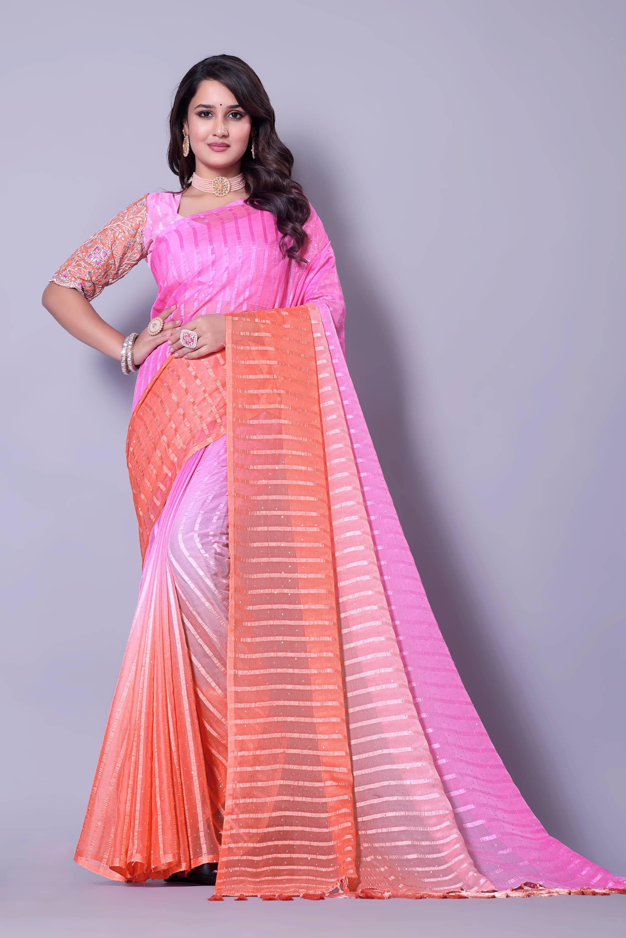     			AB Silk Georgette Striped Saree With Unstitched Blouse Piece ( Pink )
