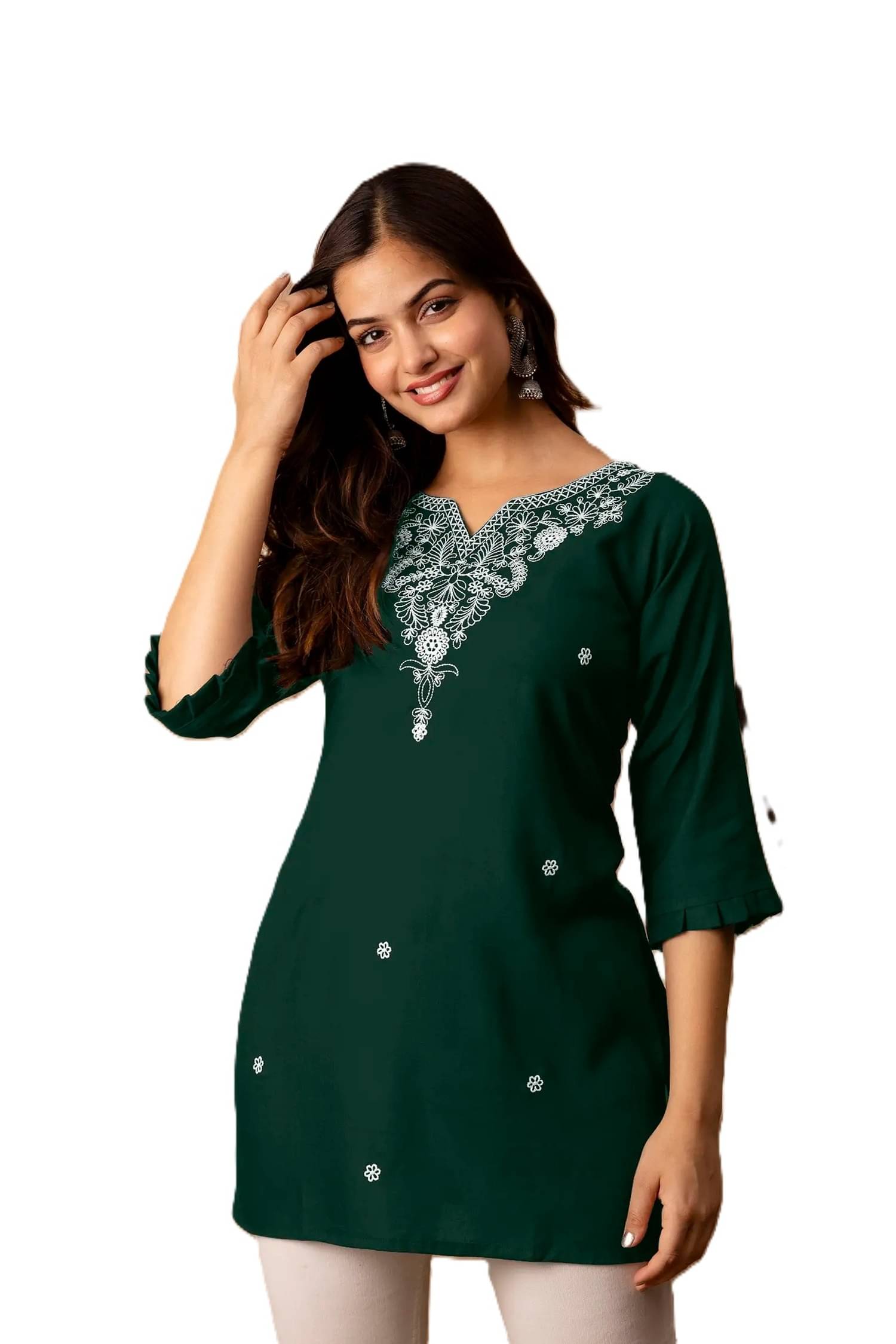 Aura Glam Women's Viscose Rayon Embroidered A-line Kurti - ( Green ) Aura Glam Women's Viscose Rayon Embroidered A-line Kurti - ( Green )