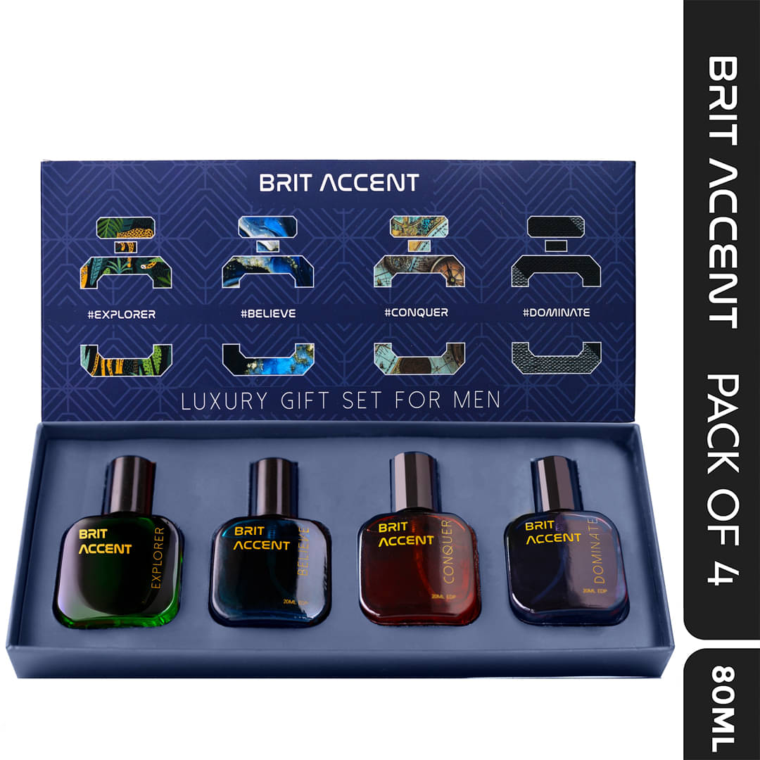 BRIT ACCENT Men's Luxury Parfum Gift Set|4 x 20ml EDP|Believe, Conquer, Dominate, Explorer | Eau de Parfum - 80 ml BRIT ACCENT Men's Luxury Parfum Gift Set|4 x 20ml EDP|Believe, Conquer, Dominate, Explorer | Eau de Parfum - 80 ml