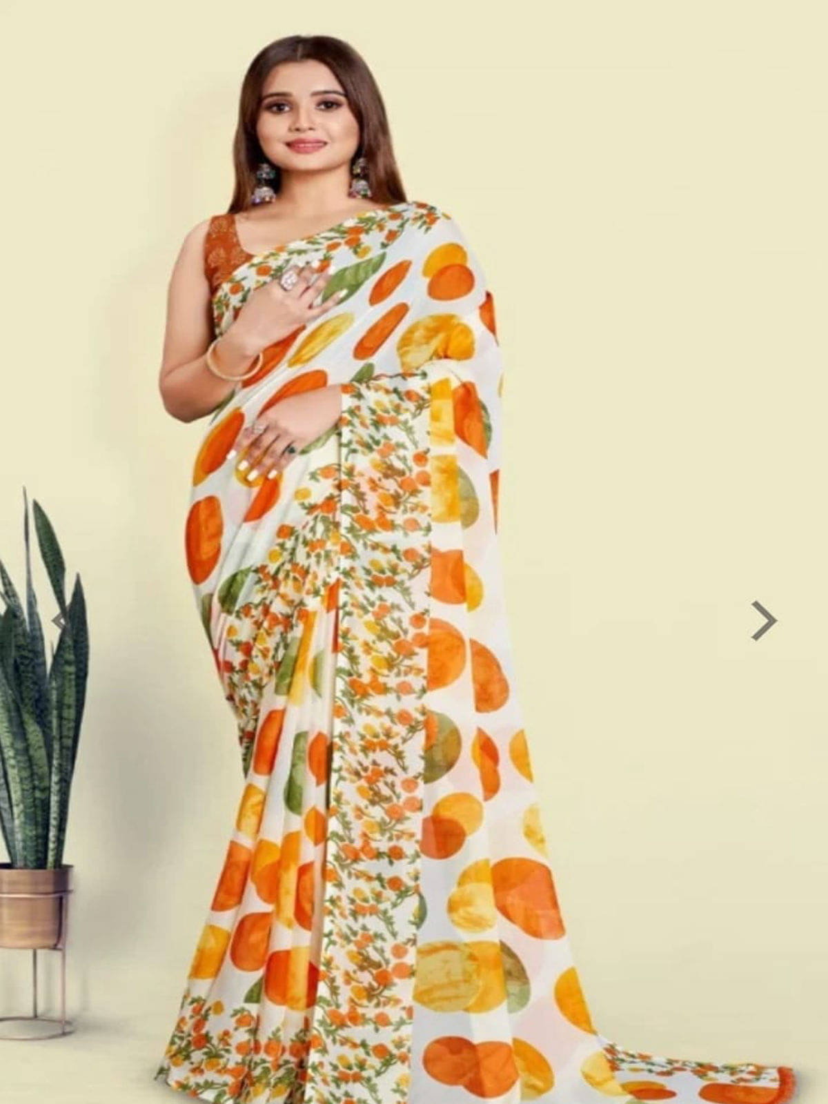     			Divyanka Georgette Printed Saree With Unstitched Blouse Piece ( Yellow )