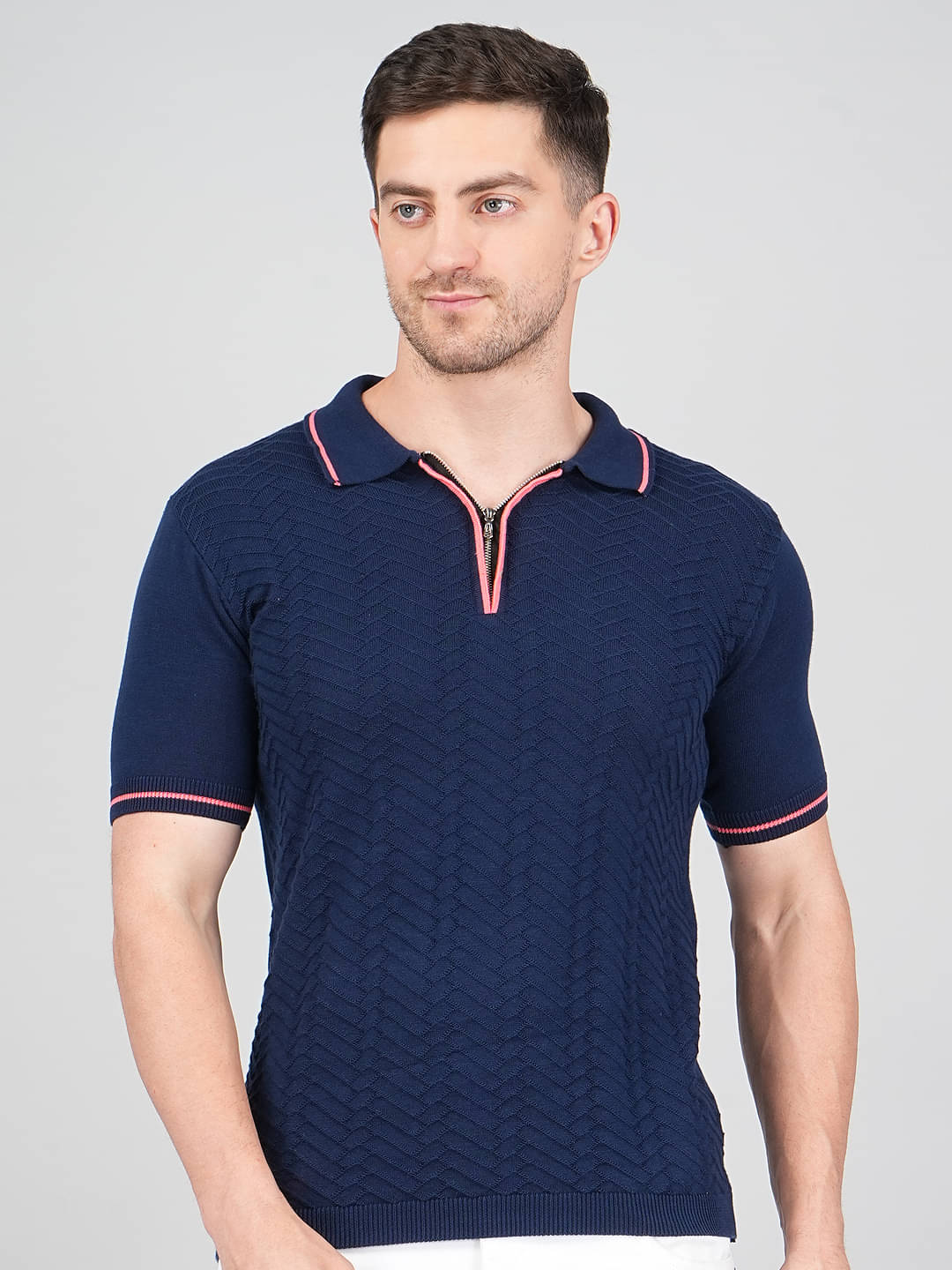     			FEVERFEW Men Cotton Regular Fit Self Design Polo T Shirt ( Navy )