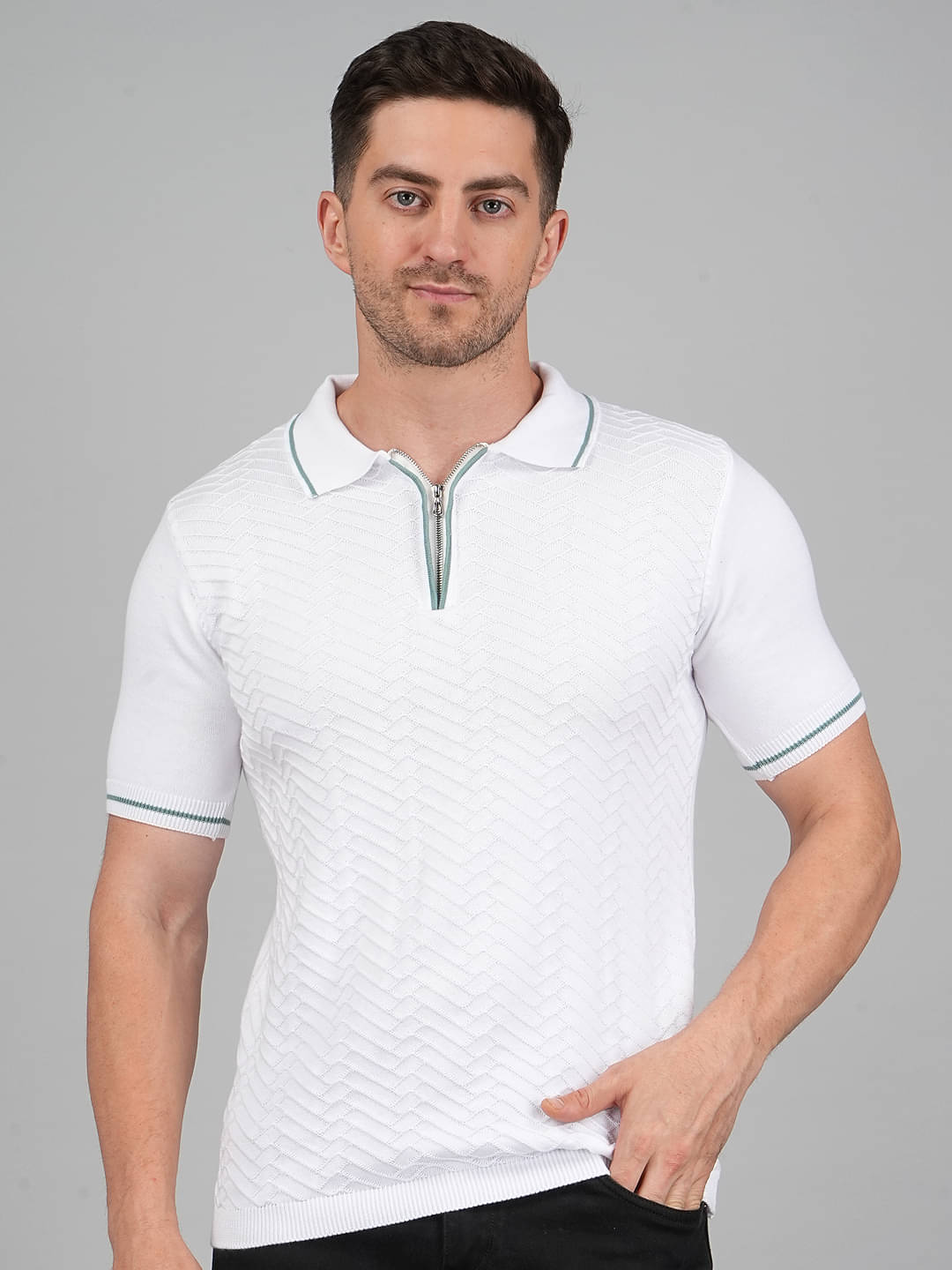     			FEVERFEW Men Cotton Regular Fit Self Design Polo T Shirt ( White )