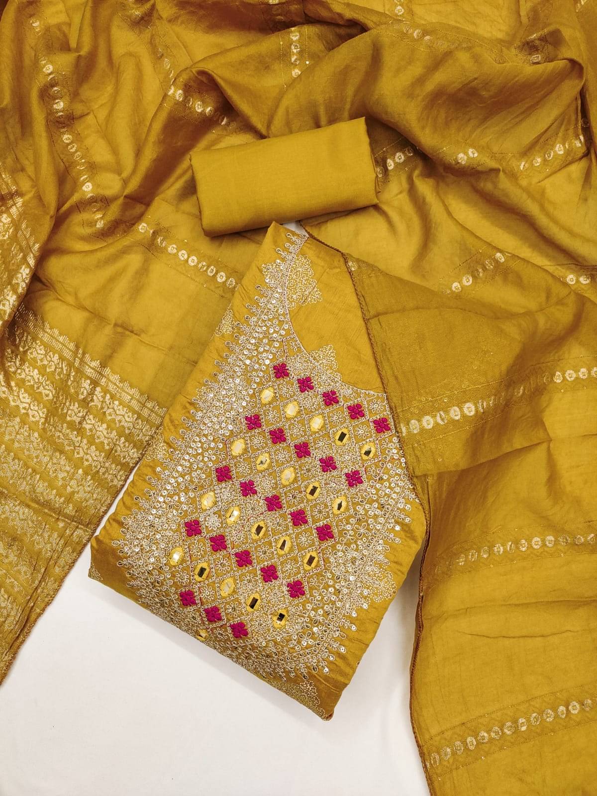 HL SILKMILLS Women Chanderi Unstitched Dress Material ( Yellow )     			HL SILKMILLS Women Chanderi Unstitched Dress Material ( Yellow )