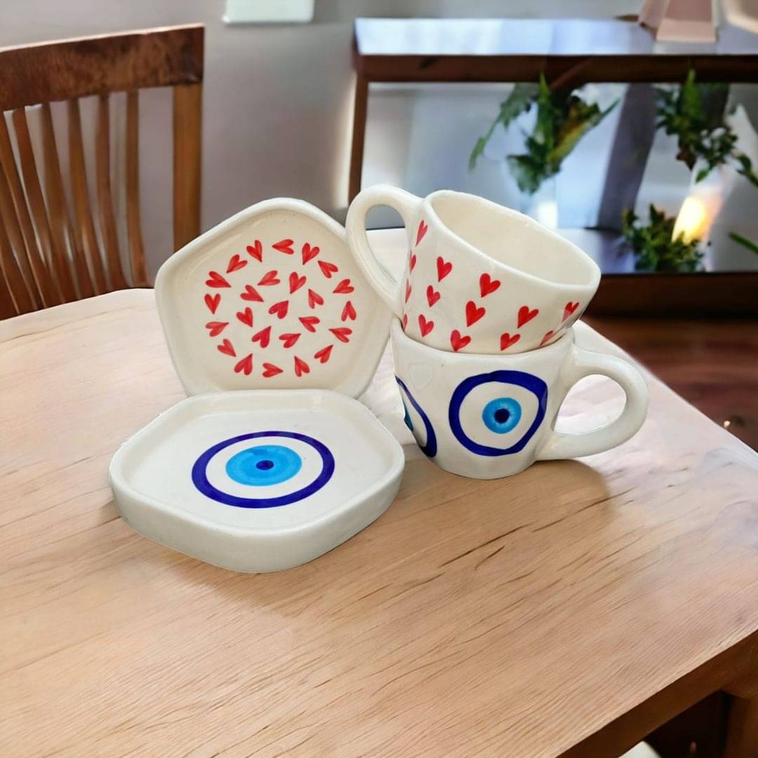     			Malaikah Red,Evil Eye Cup&Sauc Printed Ceramic Tea Set 200 ml ( Pack of 2 )