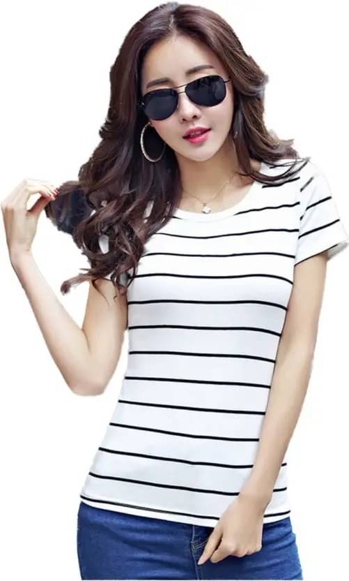     			Rebound Women Cotton Blend Striped Regular Round Neck T-Shirt ( White )