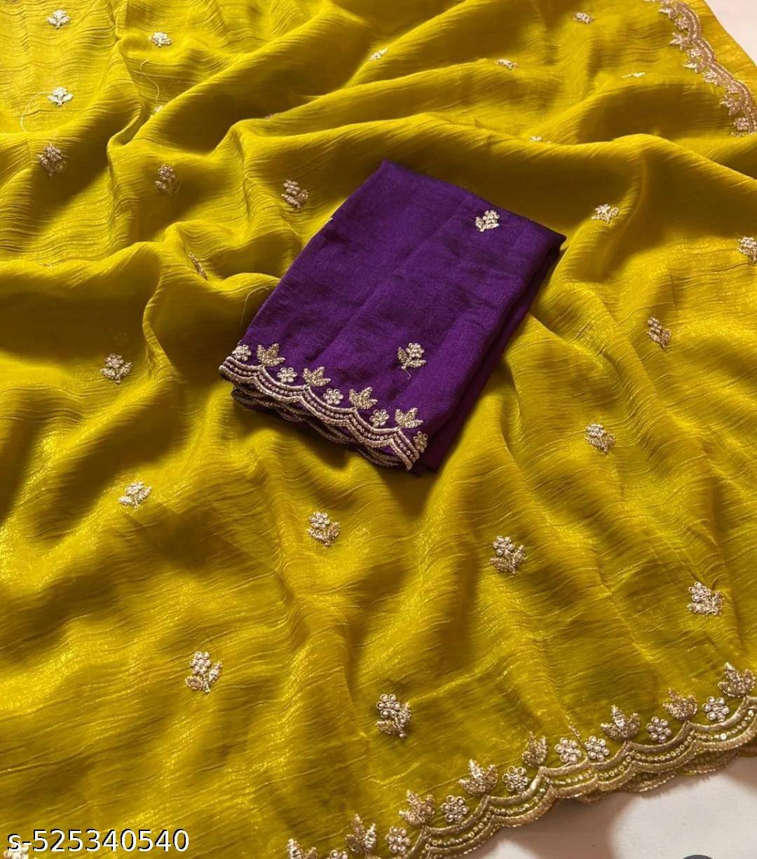     			SHRIMORI Chiffon Embellished Saree With Unstitched Blouse Piece ( Yellow )