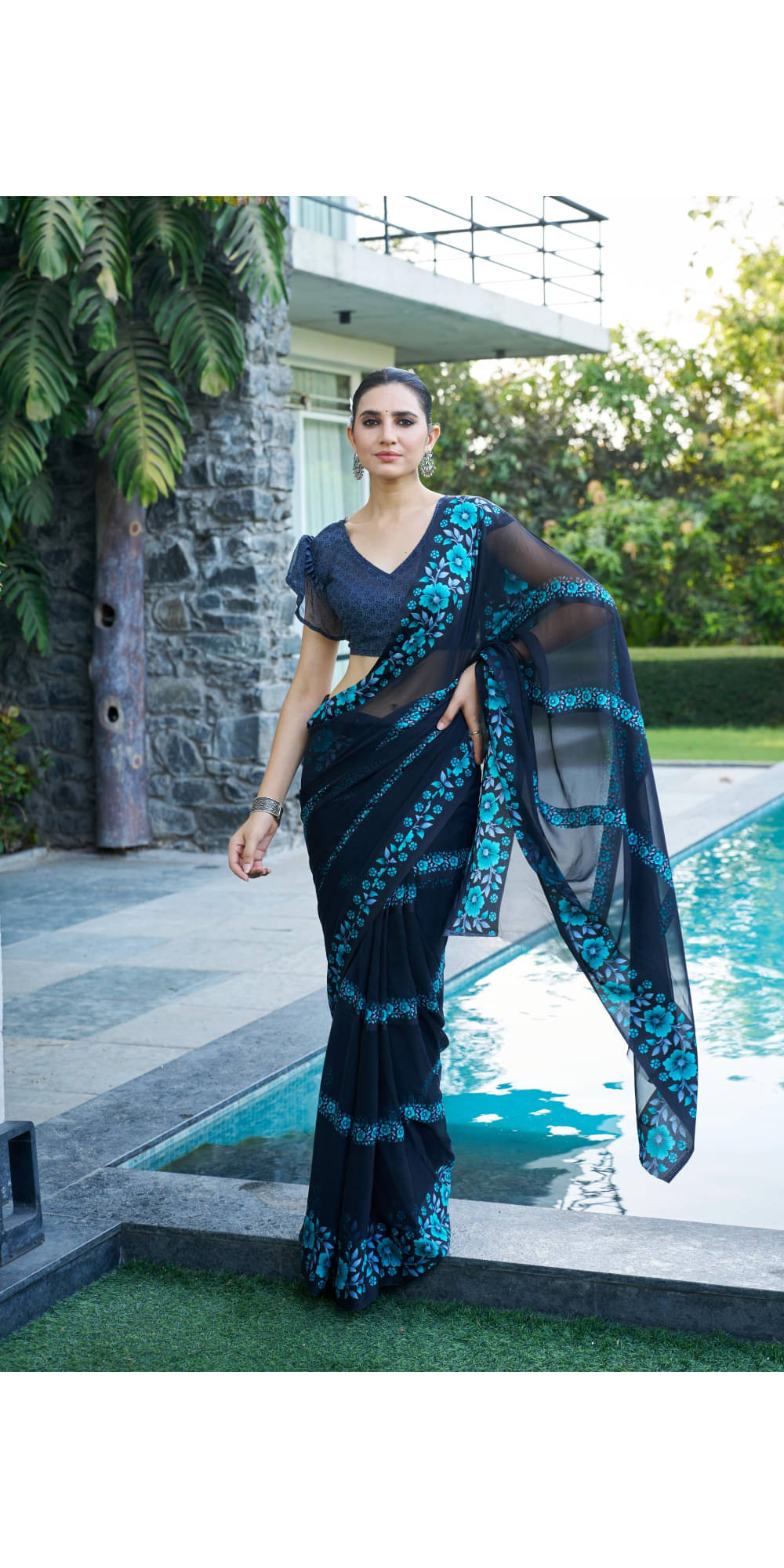     			SHRIMORI Satin Printed Ready to Wear Saree With Unstitched Blouse Piece ( Blue )