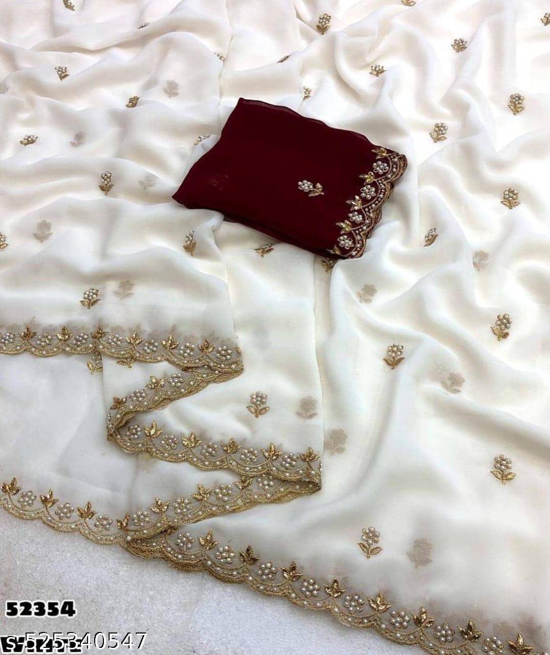 Sanjana Silk Chiffon Embellished Saree With Unstitched Blouse Piece ( White ) Sanjana Silk Chiffon Embellished Saree With Unstitched Blouse Piece ( White )