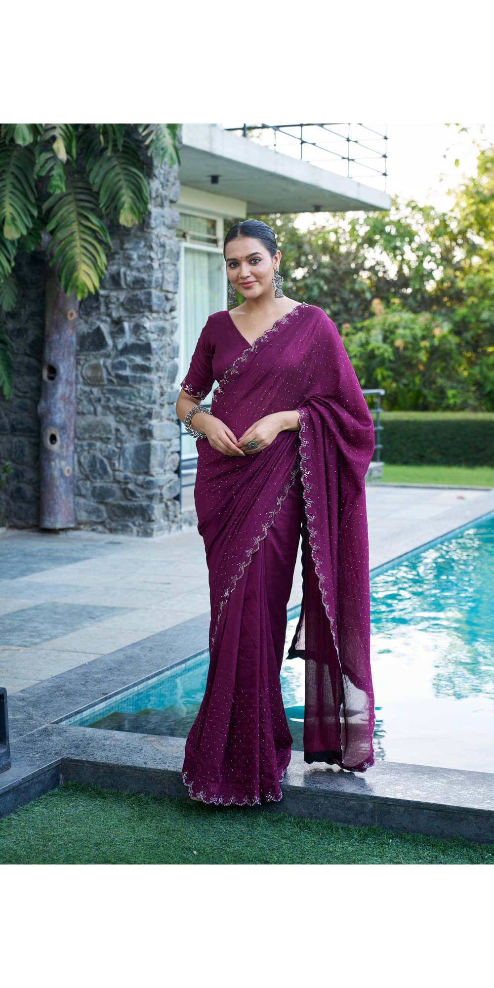 Sanjana Silk Silk Blend Embellished Ready to Wear Saree With Unstitched Blouse Piece ( Wine ) Sanjana Silk Silk Blend Embellished Ready to Wear Saree With Unstitched Blouse Piece ( Wine )
