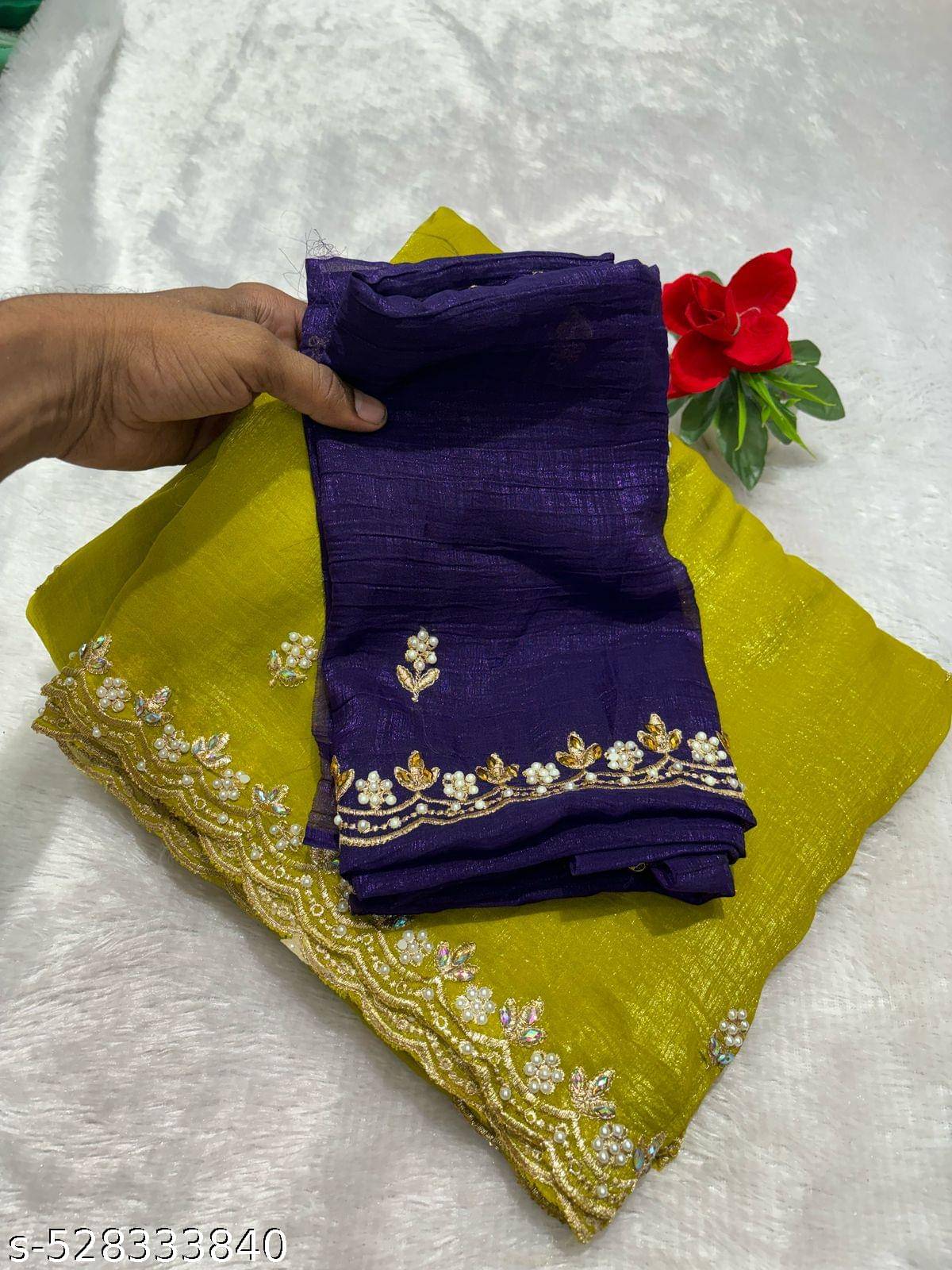     			Sitanjali Chiffon Embellished Saree With Unstitched Blouse Piece ( Yellow )