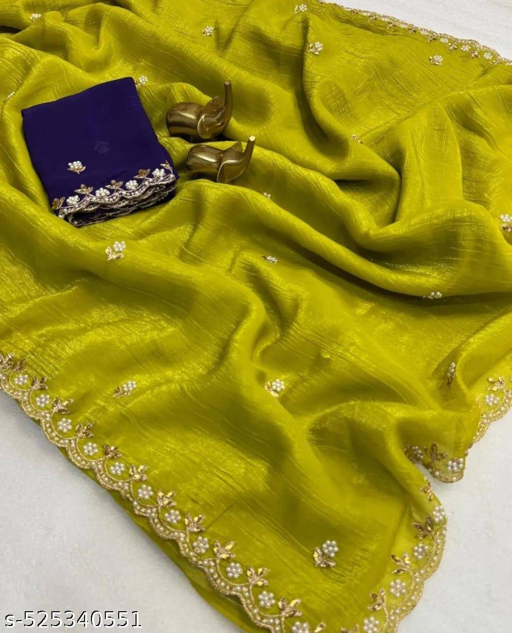     			Sitanjali Lifestyle Chiffon Embellished Saree With Unstitched Blouse Piece ( Yellow )