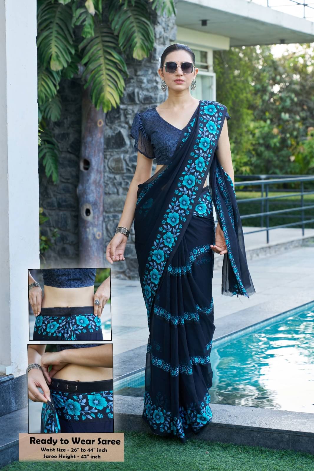 Sitanjali Satin Printed Ready to Wear Saree With Unstitched Blouse Piece ( Blue ) Sitanjali Satin Printed Ready to Wear Saree With Unstitched Blouse Piece ( Blue )