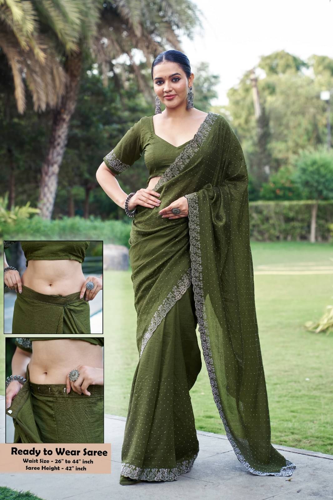     			Sitanjali Silk Blend Printed Ready to Wear Saree With Unstitched Blouse Piece ( Green )