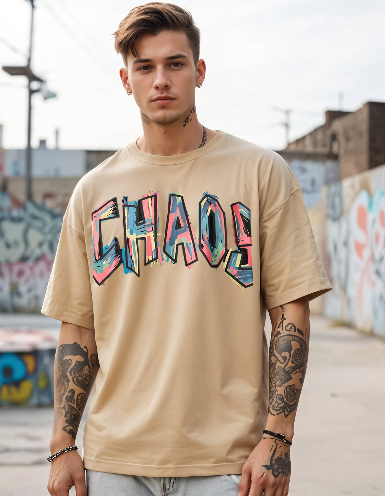 Smartees Men Cotton Blend Oversized Fit Printed T-Shirt ( Beige ) Smartees Men Cotton Blend Oversized Fit Printed T-Shirt ( Beige )