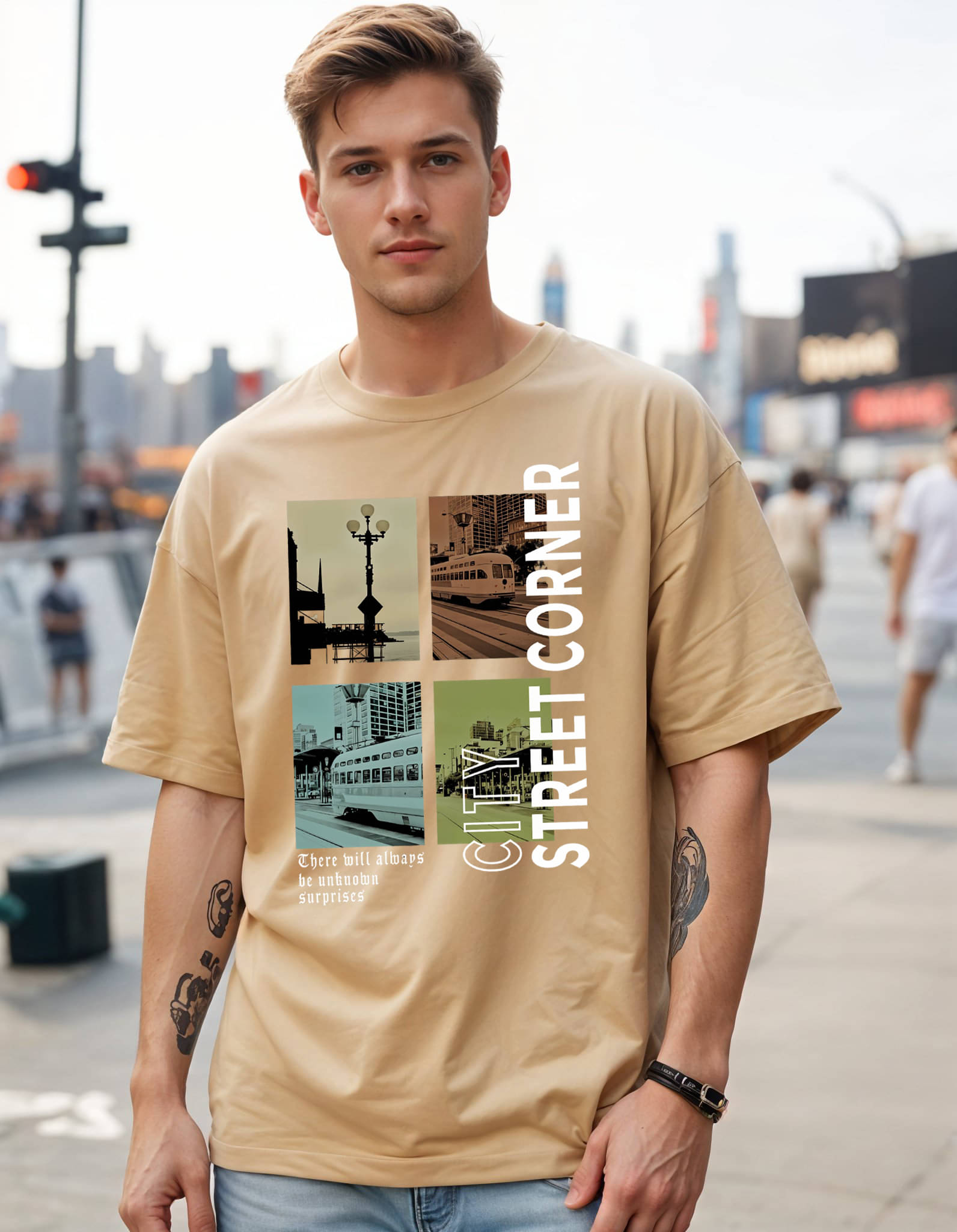     			Smartees Men Cotton Blend Oversized Fit Printed T-Shirt ( Beige )